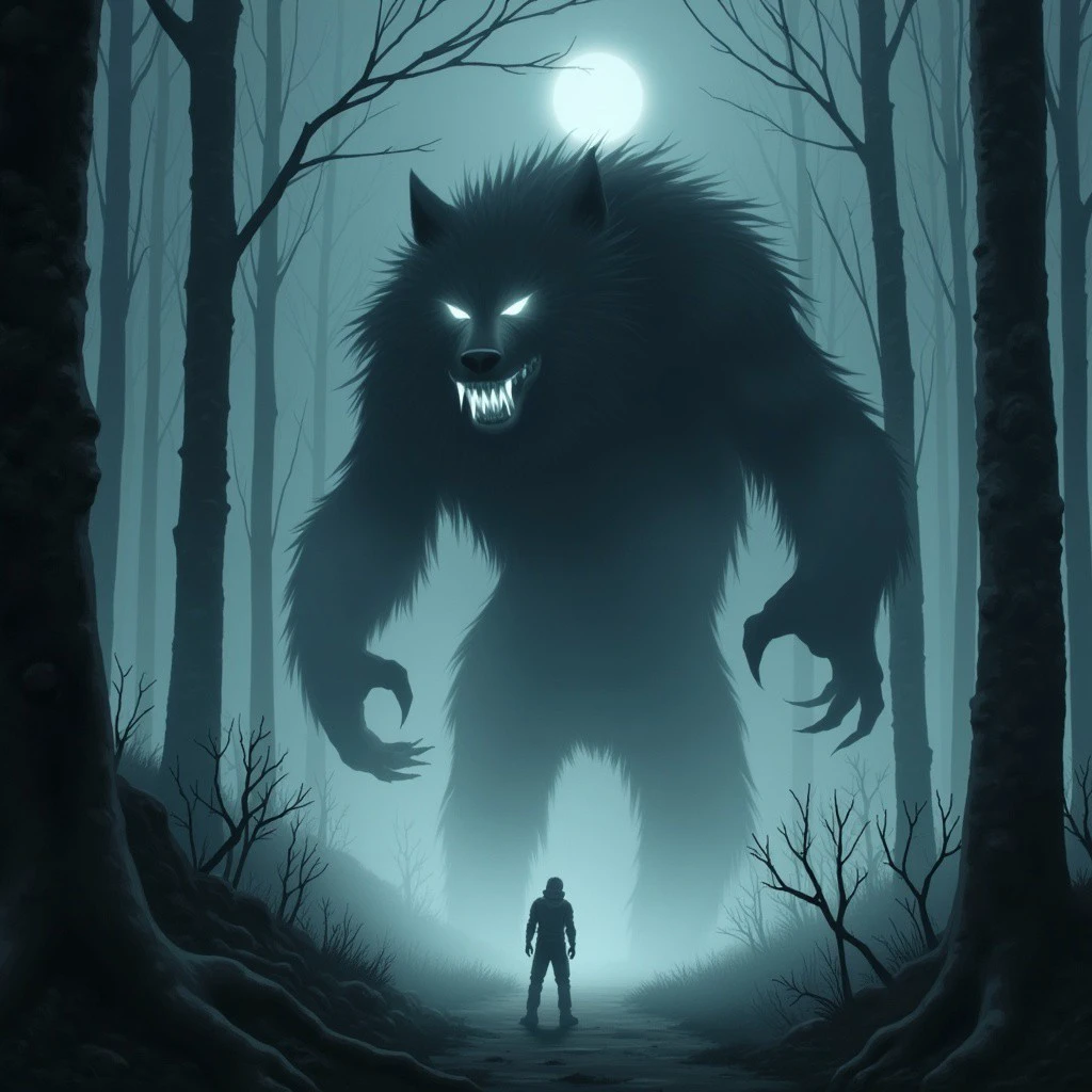 This is a digital painting in a fantasy art style, depicting a dramatic, eerie scene set in a misty, moonlit forest. The scene is dominated by a colossal, monstrous creature, a werewolf-like beast with glowing, ethereal eyes and sharp teeth, emerging from the shadows. The creature's fur is a mix of dark and light tones, blending into the misty environment.