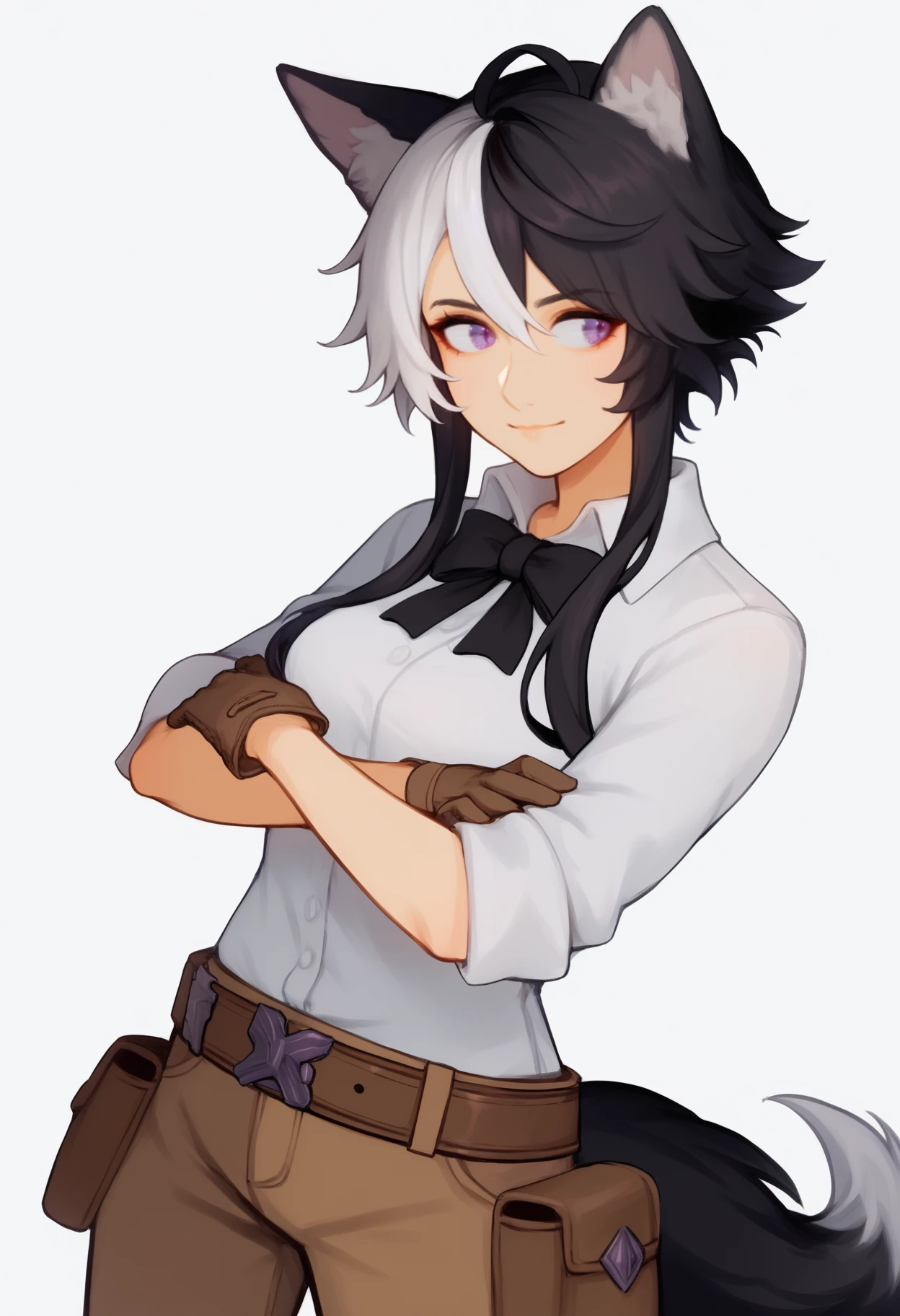 score_9, score_7_up, <break> simple background, white background, solo, 1girl, wolf girl, wolf tail, light smile, looking away, standing, crossed arms, streaked hair, white hair, black hair, short hair with long locks, animal ears, purple eyes, white shirt, collared shirt, black bowtie, sleeves rolled up, brown gloves, brown pants, brown belt, belt pouch
 <segment:yolo-face_yolov8m.pt,0.4,0.5//cid=1>