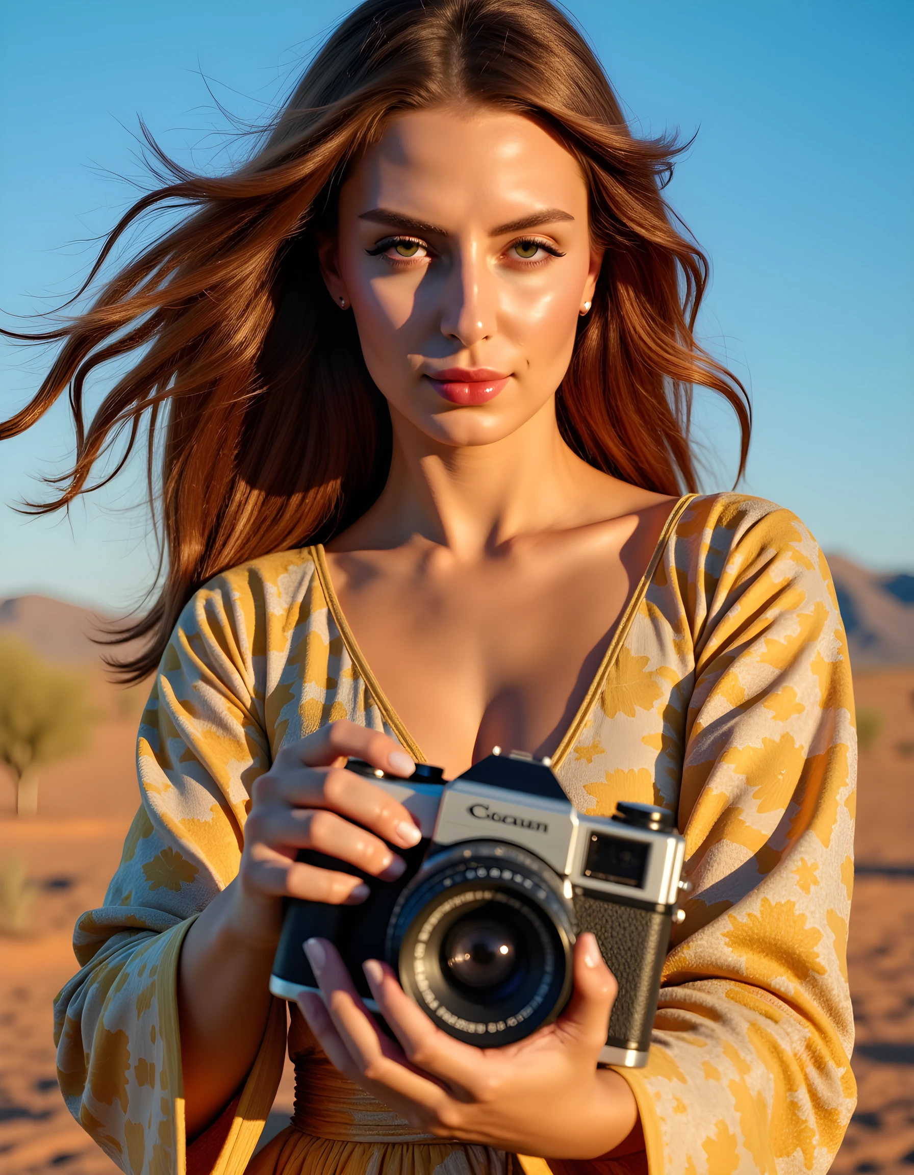 In a vibrant, sun-kissed desert landscape under a radiant azure sky at midday, LUB4U, a woman with cascading chestnut tresses that shimmer like molten gold in the sunlight, is captured in a mesmerizing close-up portrait. Her eyes, as deep and captivating as the abyss, are fixed intently on the viewer. Dressed in an eccentric ensemble, she dons a flowing, kaleidoscopic robe with intricate embroidery that catches the light and dances like a living flame. Her delicate fingers rest upon a vintage camera, creating a poignant juxtaposition between the old-world charm of the device and her futuristic aesthetic. The image is bathed in warm, golden hues, evoking an emotional tone of mysterious allure and quiet strength.