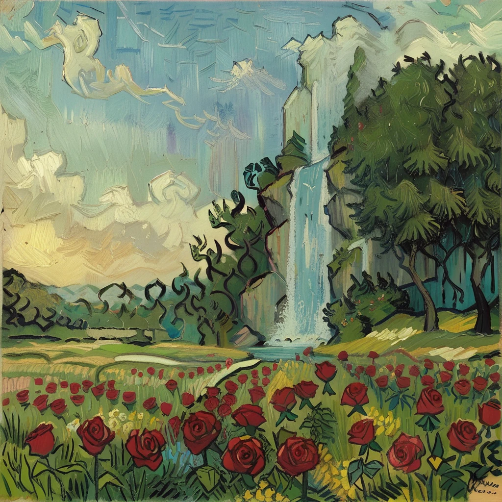 zPDXL3, score_9, score_8_up, <lora:VNGGH1.0:1>  VNGGH, vincent van gogh (style), oil painting (medium), waterfall, flower field, peonies, roses, dandelions, tree, scenery, landscape