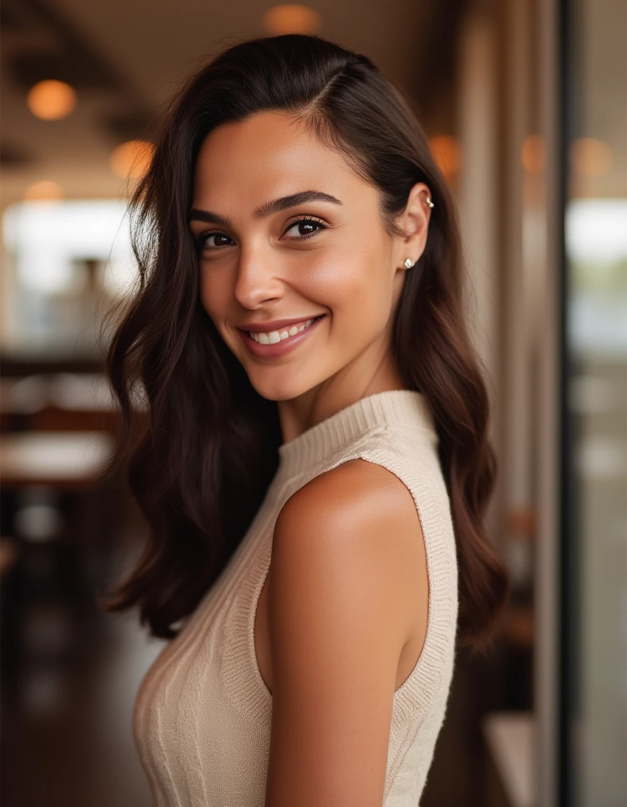 <lora:Gal_Gadot_Flux:1> beautiful detailed photograph, dark brunette hair loose wavy cascading over her shoulders, wearing an elegant dress, standing in cafe looking at the viewer, smiling