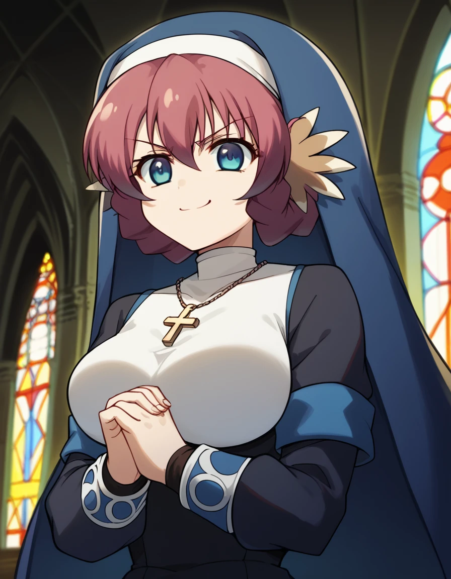 score_9, score_8_up, score_7_up, source_anime, <lora:utawarerumono-nosuri-s2-ponyxl-lora-nochekaiser:1>, nosuri, short hair, blue eyes, animal ears, braid, red hair, large breasts,, <lora:traditional-nun-ponyxl-lora-nochekaiser:1>, traditional nun, nun, habit, long sleeves, dress, black dress, jewelry, black veil, cross, cross necklace,, church, smug, praying,, , dutch angle, cowboy shot