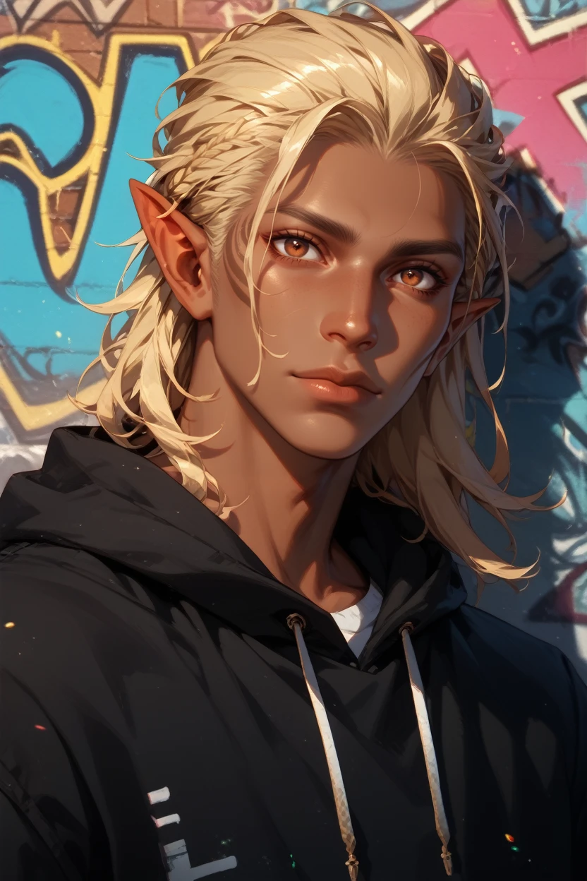 score_9, score_8_up, score_7_up,
<lora:DAZevran:0.8>
DAZevran, 1boy, blonde hair, brown eyes, pointy ears, tanned skin, looking at viewer, Urban street scene with vibrant graffiti murals, model in stylish attire