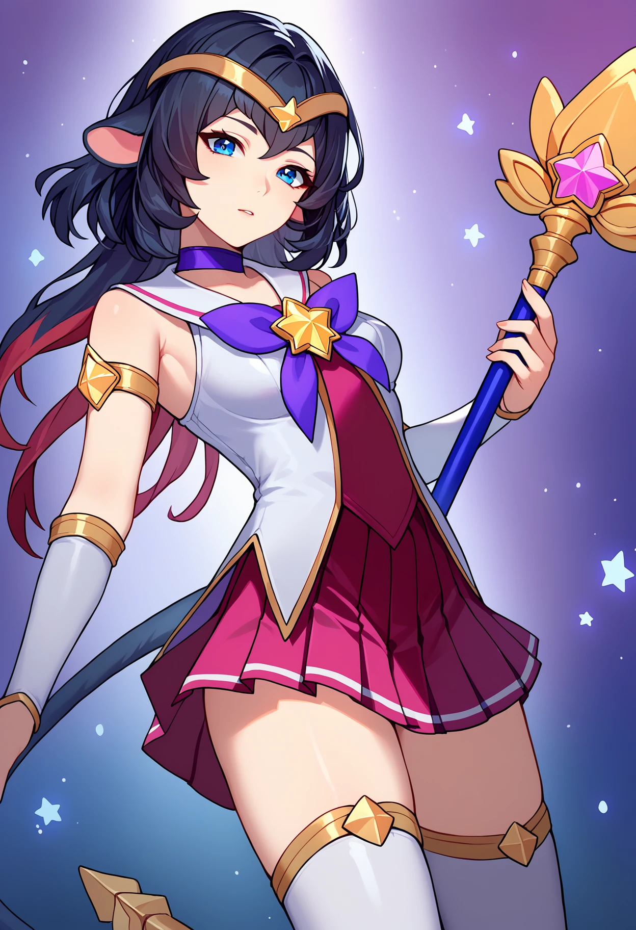 score_9, score_8_up, score_7_up, source_anime,
BREAK
<lora:shistarguardianV1:1.0>, 
shistarlux, starguardianstyle, magical girl, hair ornament, alternate costume, star guardian \(league of legends\), 
purple bow, pleated skirt, purple choker, starry background, jewelry, tiara, staff, armlet, thighhighs, 
alternate hair color, elbow gloves, 
1girl, solo, 
<lora:shiJaneDoeTestV1:1>, shijanegame, long hair, black hair, animal ears, mouse ears, blue eyes, multicolored hair, red hair,
tail,