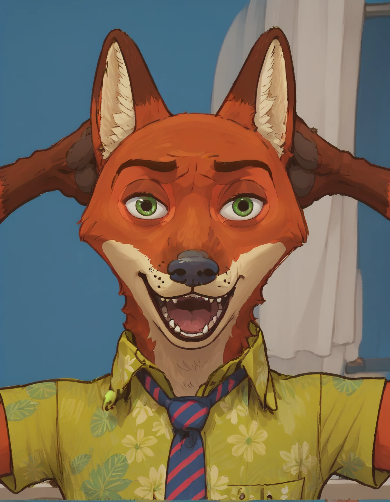 score_9, score_8_up, score_7_up, score_6_up, score_5_up, score_4_up
Nick_Wilde, solo, green hawaiian shirt, gray pants, fox tail, necktie, meme, eyes wide, big nostrils, mouth agape, hands on head
 <lora:Nick_Wilde_XL:0.8> 
 <lora:Shock_black_guy:0.9>