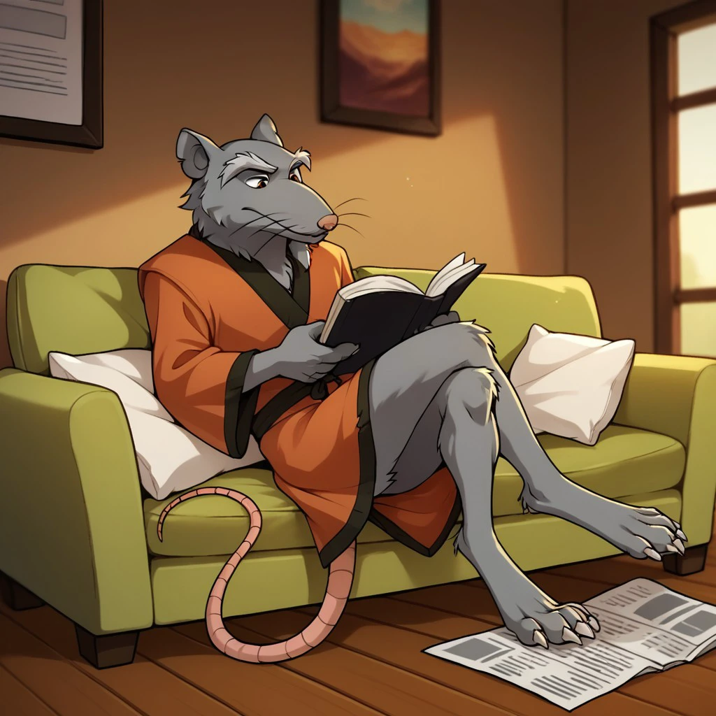 score_9, score_8_up, score_7_up, score_6_up, score_5_up, score_4_up, source_furry, Splinter03, anthro, male, rat, grey fur, rat tail, digitigrade, barefoot, inside, sitting on a couch, legs crossed,  red-orange kimono, reading newspaper,, <lora:67ce66f6-7060-4e4c-8eb0-83d12ae32932:0.7>