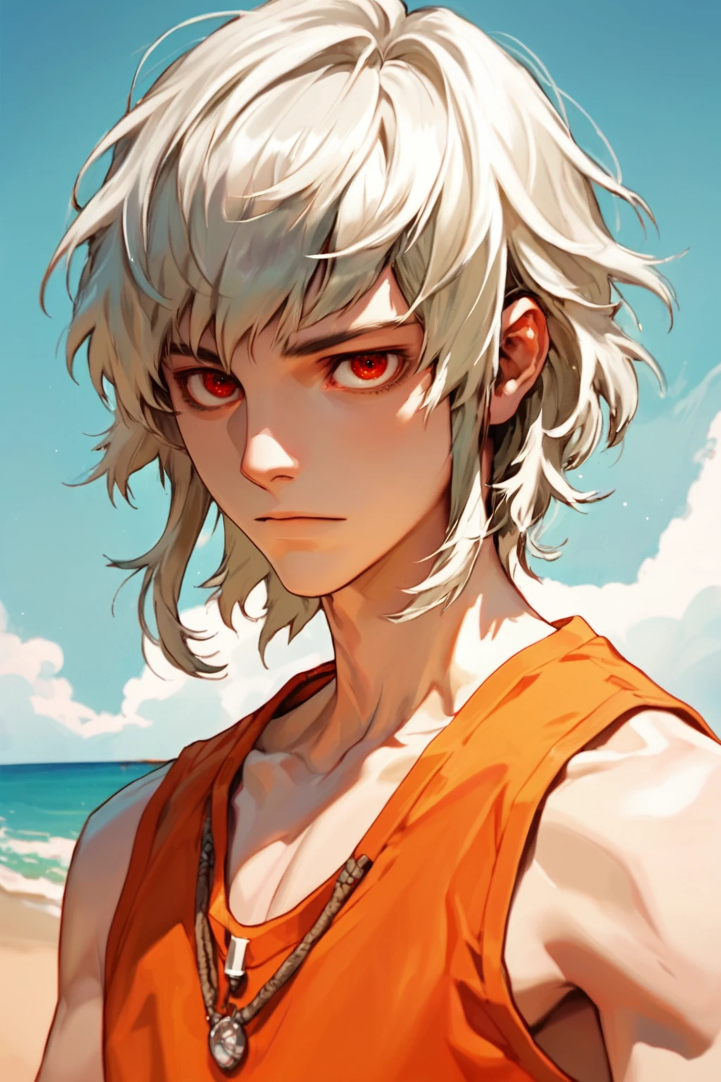 brother one, solo male focus, platinum hair, bob hairstyle, iridescent red eyes, orange tank top, white pants, seaside, <lora:brotheronePXL:0.6>, (score_9, score_8_up, score_7_up)