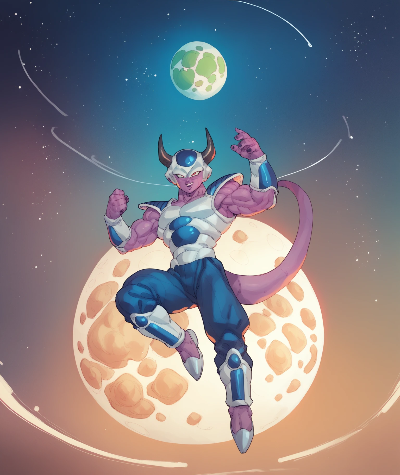 <lora:Friezas_Race_Dragon_Ball_Z_Frost_demon_Frieza_Clan:1> frost demon, horns, blue color scheme, in orbit, floating in space, planet in background, moon in background, earth in bottom of picture, saiyan armor, score_9, score_8_up, score_7_up, masterpiece, high quality, 8K, <lora:detailed_notrigger:1>