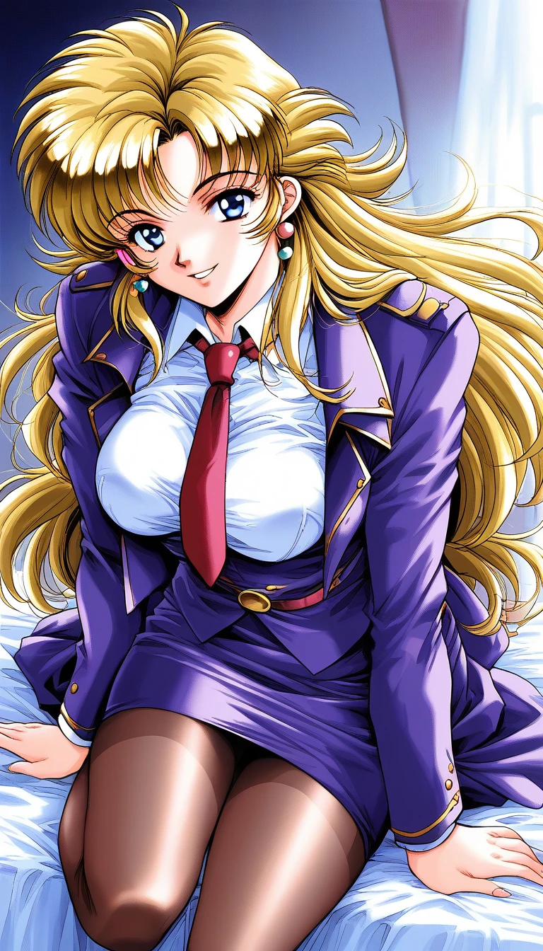 score_9, score_8_up, score_7_up, source_anime, rating_explicit, BREAK <lora:Naitou_Midori_XL:1> Naitou_Midori, blonde hair, blue eyes, jewelry, long hair, earrings, large breasts,
 1girl, solo, necktie, smile, retro artstyle, looking at viewer, purple jacket, red necktie, 1990s (style), skirt, shirt, pantyhose,