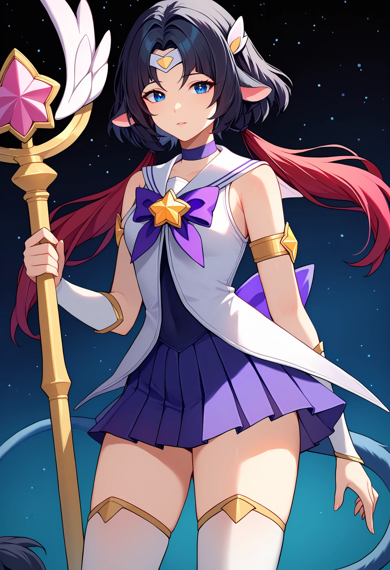 score_9, score_8_up, score_7_up, source_anime,
BREAK
<lora:shistarguardianV1:1.0>, 
shistarlux, starguardianstyle, magical girl, hair ornament, alternate costume, star guardian \(league of legends\), 
purple bow, pleated skirt, purple choker, starry background, jewelry, tiara, staff, armlet, thighhighs, sailor collar, alternate hairstyle, twintails, 
alternate hair color, elbow gloves, 
1girl, solo, 
<lora:shiJaneDoeTestV1:1>, shijanegame, long hair, black hair, animal ears, mouse ears, blue eyes, multicolored hair, red hair,
tail,