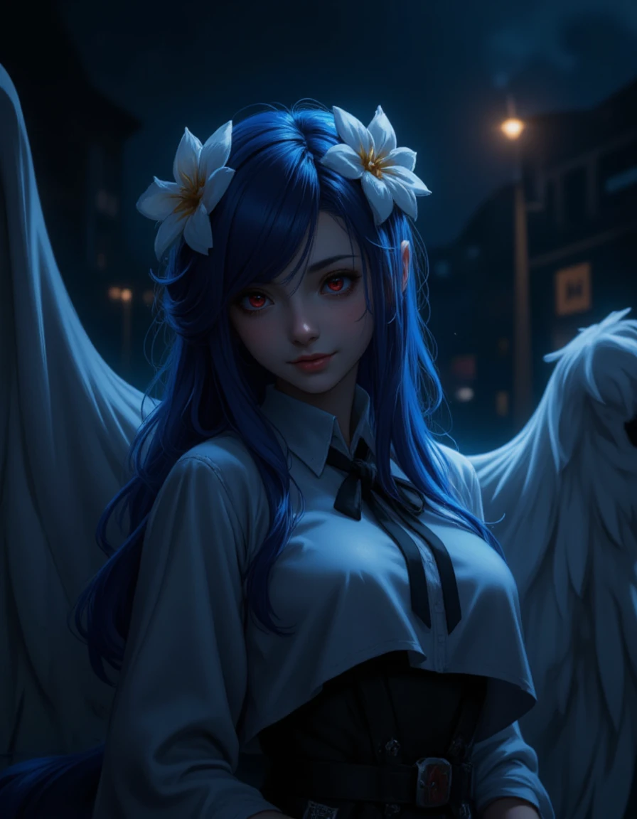 <lora:fluxGuilty_Gear_StriveQueen_Dizzy:0.7> professional soft lighting, dark theme, cinematic, (RAW photo:1.2),(photorealistic:1.4), queendizzy, flower hair ornament, blue hair, wings, tail, red eyes ,long hair, upper body, calm, smile, at peace, demon wing, angel wing