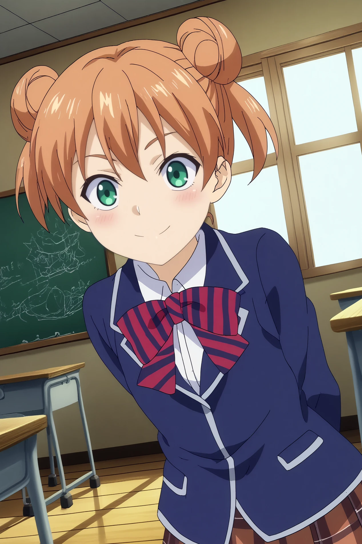  yuki yoshino,1girl,solo,looking_at_viewer,smile,blush,upper body,double bun,hair bun,school uniform,short hair,jacket,stripped bow,bow,twintails,leaning forward,hands behind the back,happy,dutch angle BREAK indoors,japanese classroom,classroom,simple decor, organized shelves, neat rows, kanji on the board,windows,blue sky,Wooden floors, low desks, chalkboard, sliding doors, sunlight, quiet, neat rows,cowboy shot   <lora:Yuki_Yoshino_-_Food_Wars.safetensors:0.8> <lora:detailed_backgrounds_v2.safetensors:0.8>