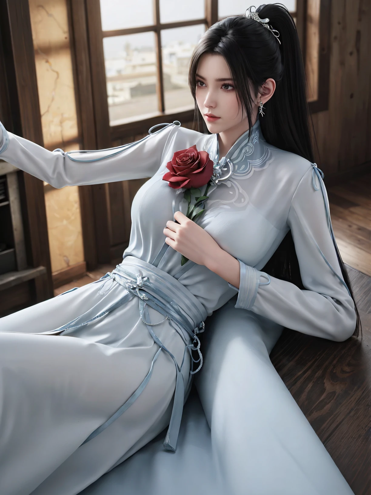 detail clothes,high detail,best quality,8k,absurdres,highres,
<lora:ningyao-gf:0.7>,ningyao,1girl,solo,dress,earrings,large breasts,hair ornament,black hair,closed mouth,expressionless,jewelry,(ponytail:1.1),long hair,(pale skin:1.3),(shiny skin:1.3),(white skin:1.3),looking at viewer,long dress,pelvic curtain,hand on own chest,
living room,modern sense,glass vase,(red rose:1.2),perfect light,shiny,glowing,(blight:1.4),shiny,window,
(lying:1.1),