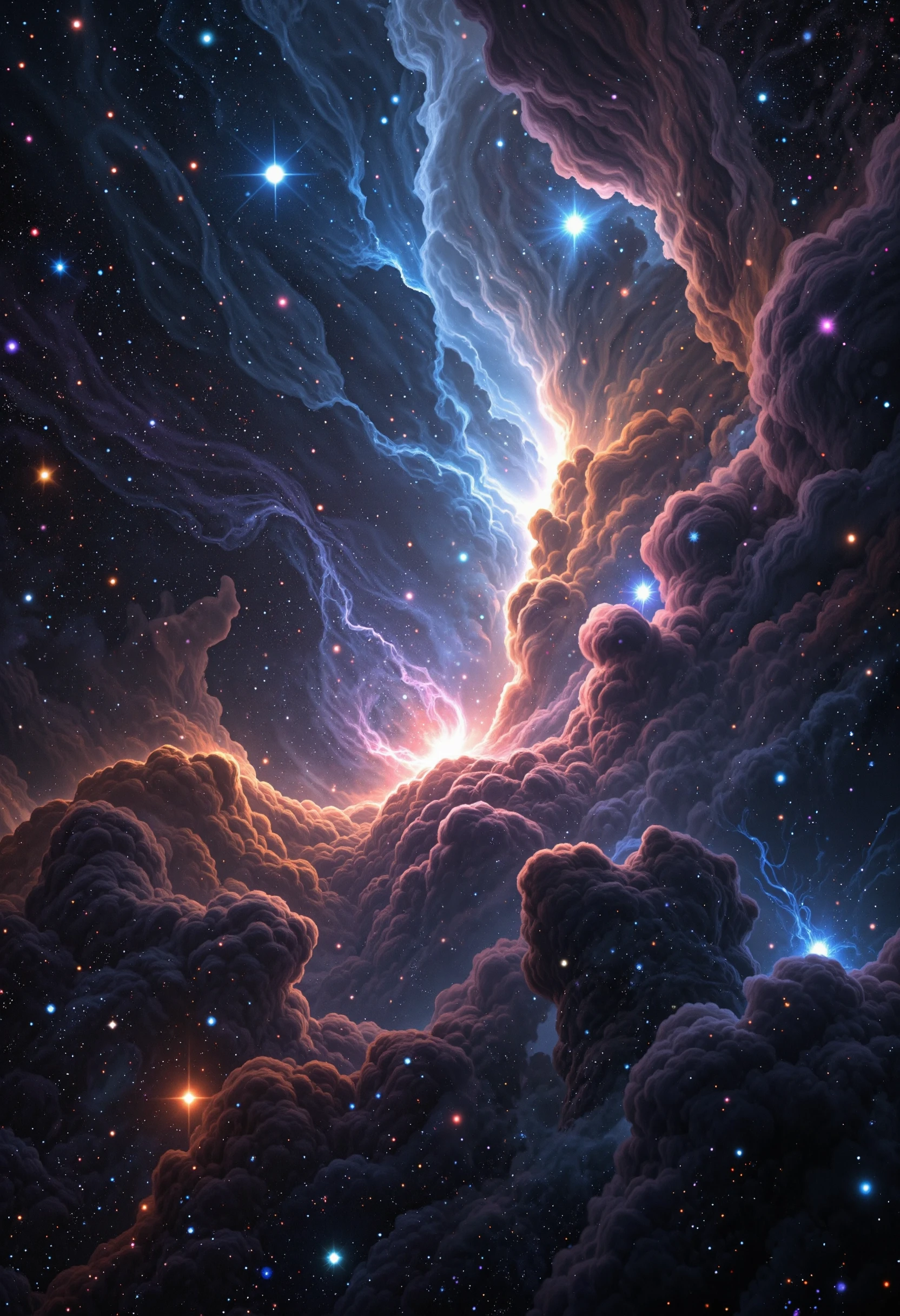 Nebula-born celestial. Star nursery. Cosmic dust, Hubble telescope imagery, gas clouds, stellar formations, deep space colors, hyper-detailed nebulae, by John Harris