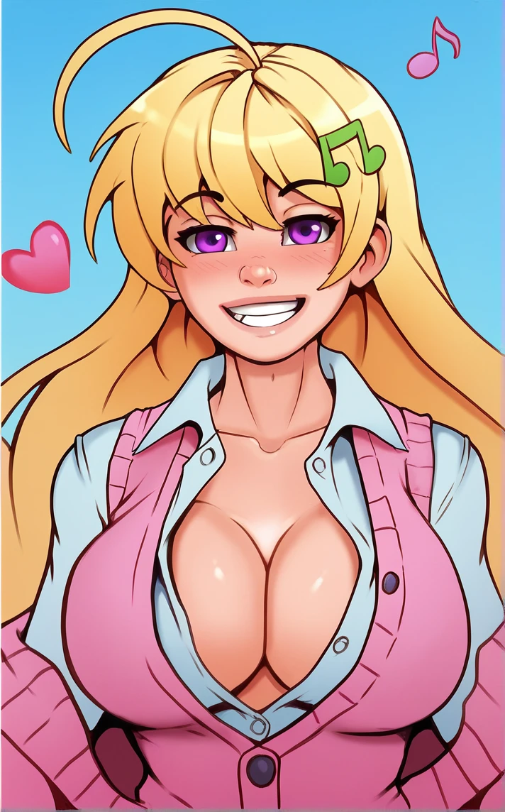 score_9, score_8_up, score_7_up, absurdres, <lora:PONYXL_STYLE_MarkyDaySaid_ownwaifu:0.85>, BREAK PONYXL_STYLE_MarkyDaySaid_ownwaifu, 1girl, akamatsu kaede, musical note hair ornament, ahoge, long hair, smile, large breasts, blonde hair, heart, blush, open shirt, looking at viewer, bangs, grin, purple eyes, open clothes, blurry background, pink vest, collared shirt, upper body, white shirt, cleavage, artist name, teeth, eighth note, sweater vest