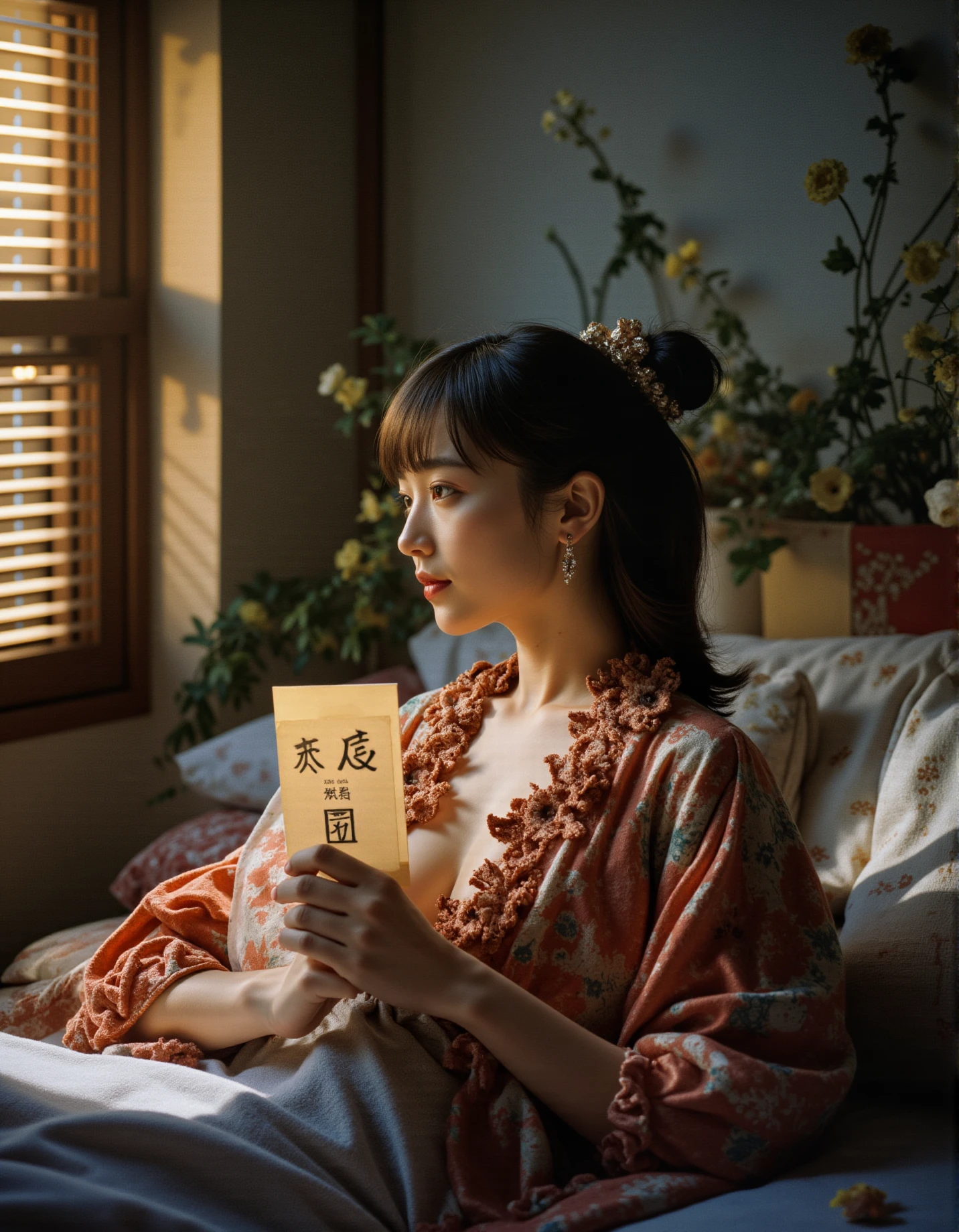A woman sitting comfortably on a cozy bed, holding a piece of paper printed "FP16" in bold and hand draw style. The lighting is a combination of gel lights that cast a mystical, colorful glow over the scene, reminiscent of a Kodak Portra 400 film's vibrant and rich tones. The intricate details of her outfit and the mesmerizing environment around her are captured with a mastery that blurs the line between reality and fantasy, creating a masterpiece that feels both otherworldly and grounded in raw beauty The natural light highlights her confident posture and elegant features, contrasts beautifully with her modern, stylish appearance. The atmosphere is serene, with the warm sunlight casting soft shadows and enhancing the overall balance between youthfulness and cultural heritage in the composition. Delicate flower and plant arrangements adorn her surroundings, bathed in dynamic chiaroscuro's dramatic play of light and shadow. High-resolution details reveal perfect anatomy, drawing the viewer in with its awe-inspiring beauty. The scene is centered, radiating an atmosphere of mystery as the subject's captivating pose fills the frame. With a smooth, sharp focus, the illustration bursts forth in high definition, accent lighting casting an otherworldly glow amidst contrasting bright paint colors on concept art. She gazes thoughtfully at the paper, her expression a mix of contemplation and curiosity. The room is softly lit, with warm, ambient lighting that enhances the serene atmosphere, casting gentle shadows that add depth to the scene. The overall mood is peaceful and introspective, with the focus on the woman and the mysterious message on the paper, inviting the viewer to wonder about its meaning