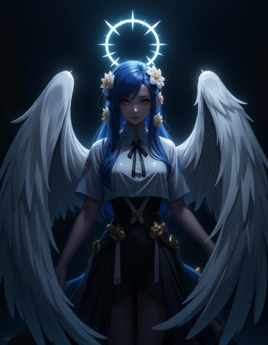 <lora:fluxGuilty_Gear_StriveQueen_Dizzy:0.7> professional soft lighting, dark theme, cinematic, (RAW photo:1.2),(photorealistic:1.4), queendizzy, flower hair ornament, blue hair, wings, tail, red eyes ,long hair, upper body, calm, smile, at peace, demon wing, angel wing