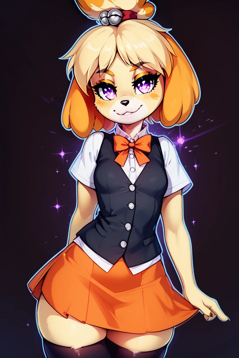 score_9, score_8_up, score_8, medium breasts, (curvy), cute, eyelashes,       BREAK, ,  zzFallIsabelle, short hair, blonde hair, animal ears, bow, furry female, dog girl, topknot, purple eyes, skindentation, animal nose, bright pupils, furry,  black vest, orange skirt, orange bowtie,  white shirt, short sleeves, collared shirt, black thighhighs,  <lora:FallIsabelle_PDXL_v2:0.8>, BREAK, smile, closed mouth, looking at viewer, cowboy shot,  ,,, embedding:zPDXL, Expressiveh, ,,, <lora:MantisStyle_PDXL_v2:0.8>, <lora:SDXLFaeTastic2400:0.5>, <lora:Expressive_H-000001:0.4>,