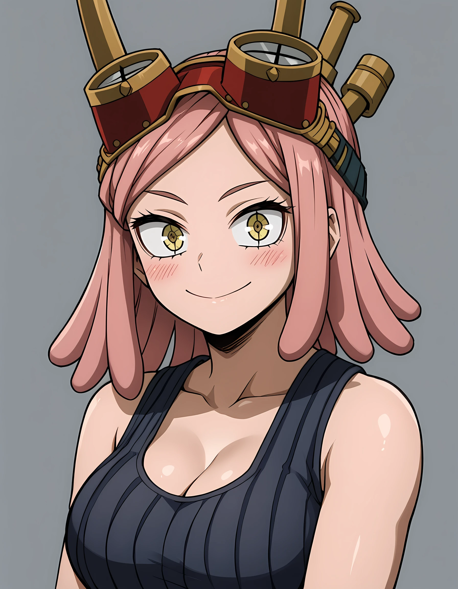 <lora:hatsume_mei:1>,h4tsume-m3i , 1girl, large breasts, smile, tank top, goggles on head, looking at viewer, simple background, cleavage, collarbone, upper body, bare shoulders, medium hair, closed mouth, sleeveless, blush, grey background, ribbed shirt