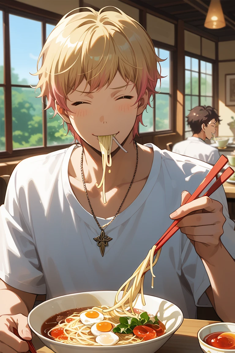 score_9, score_8_up, score_7_up, source_anime, rating_questionable, day, natural lighting, male focus, eating, holding chopsticks, TakuyaAC, blonde-pink_Takuya_multicolored hair, closed eyes, noodles on mouth, raised eyebrow, happy, shirt, necklace, casual clothes, 1boy, blurry indoors dining room, plate, pasta, straight-on, dutch angle, intricately detailed illustration, atmospheric perspective, depth of field, realistic shading