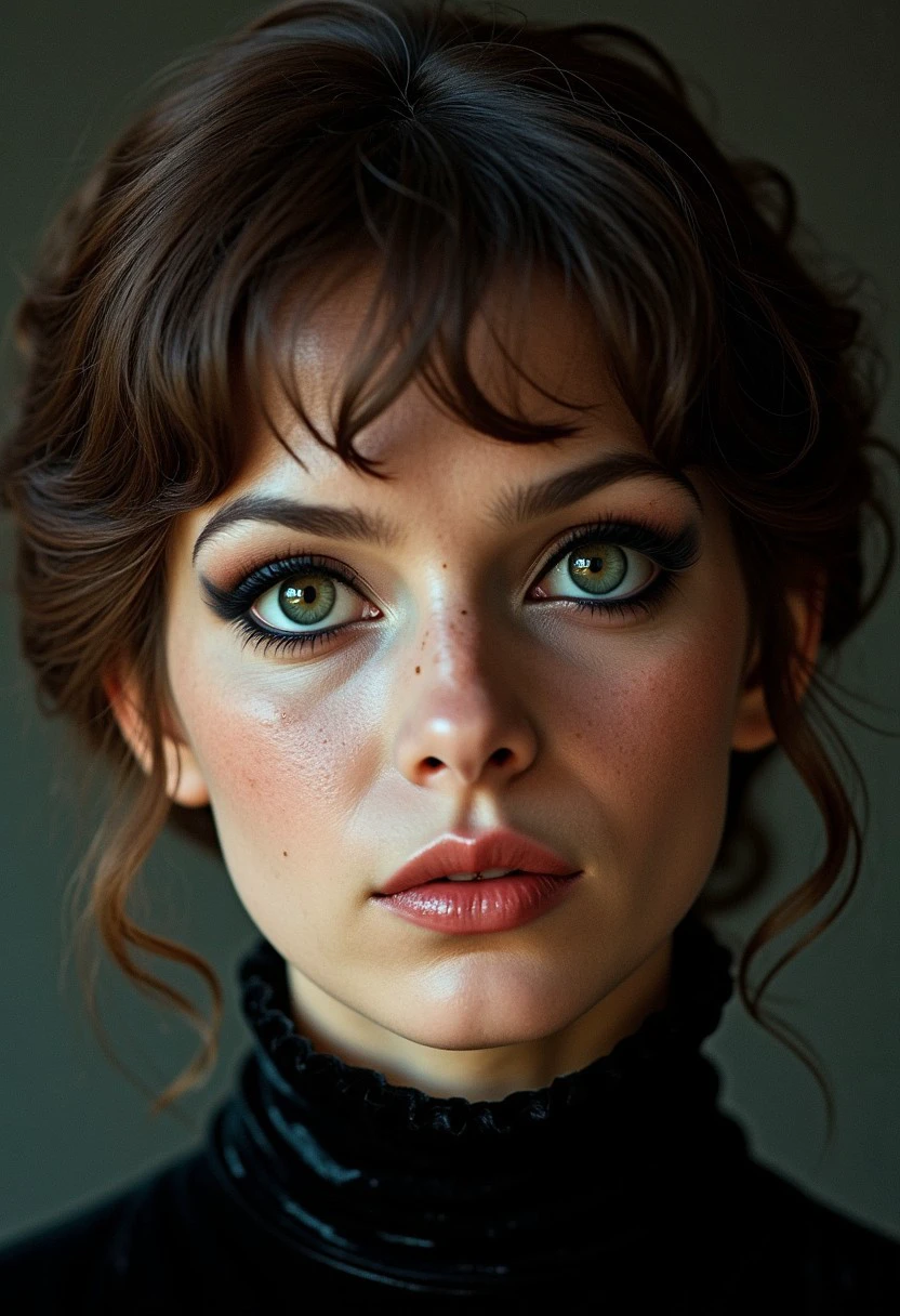 70szcech, moody Closeup of a beautiful freckled brunette woman with short curly hair and large eyeshadow and velvet high collar dress