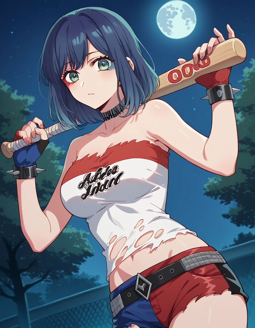 score_9, score_8_up, score_7_up, source_anime, <lora:akane-kurokawa-s1-ponyxl-lora-nochekaiser:1>, akane kurokawa, bangs, green eyes, blue hair, medium hair, dark blue hair, large breasts, <lora:harley-quinn-cosplay-ponyxl-lora-nochekaiser:1>, harley quinn cosplay, harley quinn (cosplay), bare shoulders, choker, collarbone, cosplay, fingerless gloves, heart, heart tattoo, jewelry, multicolored clothes, multicolored shorts, navel, shorts, spiked bracelet, spikes, stomach, strapless, torn clothes, tube top, two-tone shorts, outdoors, night, moon, baseball bat, holding, holding baseball bat,, cowboy shot, looking at viewer