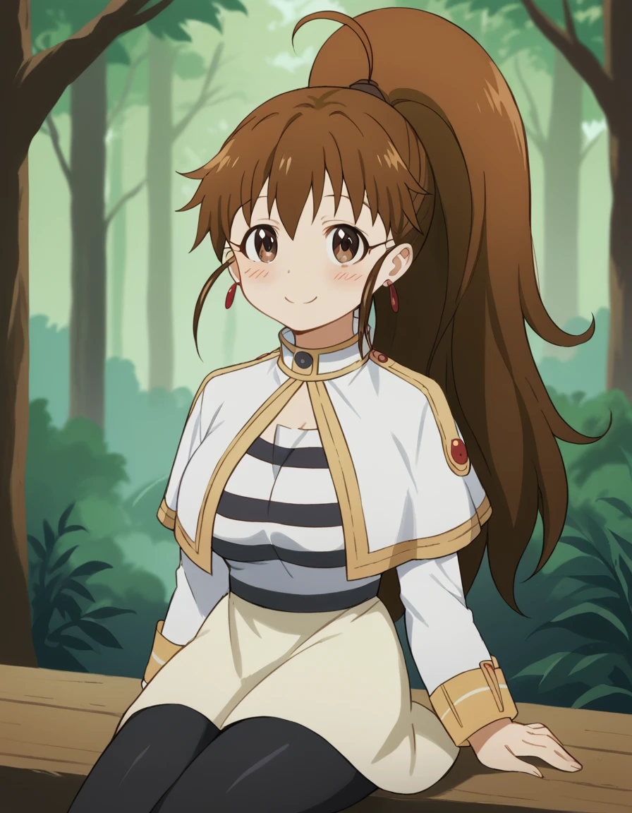 score_9, score_8_up, score_7_up, source_anime, <lora:popura-taneshima-s2-ponyxl-lora-nochekaiser:1>, popura taneshima, long hair, brown hair, brown eyes, ponytail, ahoge, large breasts,, <lora:frieren-cosplay-ponyxl-lora-nochekaiser:1>, frieren cosplay, frieren (cosplay), shirt, long sleeves, jewelry, pantyhose, earrings, striped, black pantyhose, capelet, striped shirt, skirt, white skirt,, forest, sitting, smile, blush, cowboy shot, looking at viewer