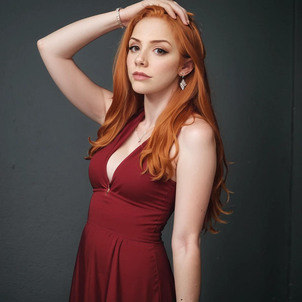 <lora:Pony_Victoria_Baamonde:1>,v1ct0r1a, 1girl, solo, breasts, red dress, long hair, realistic, hand on own head, jewelry, earrings, looking at viewer