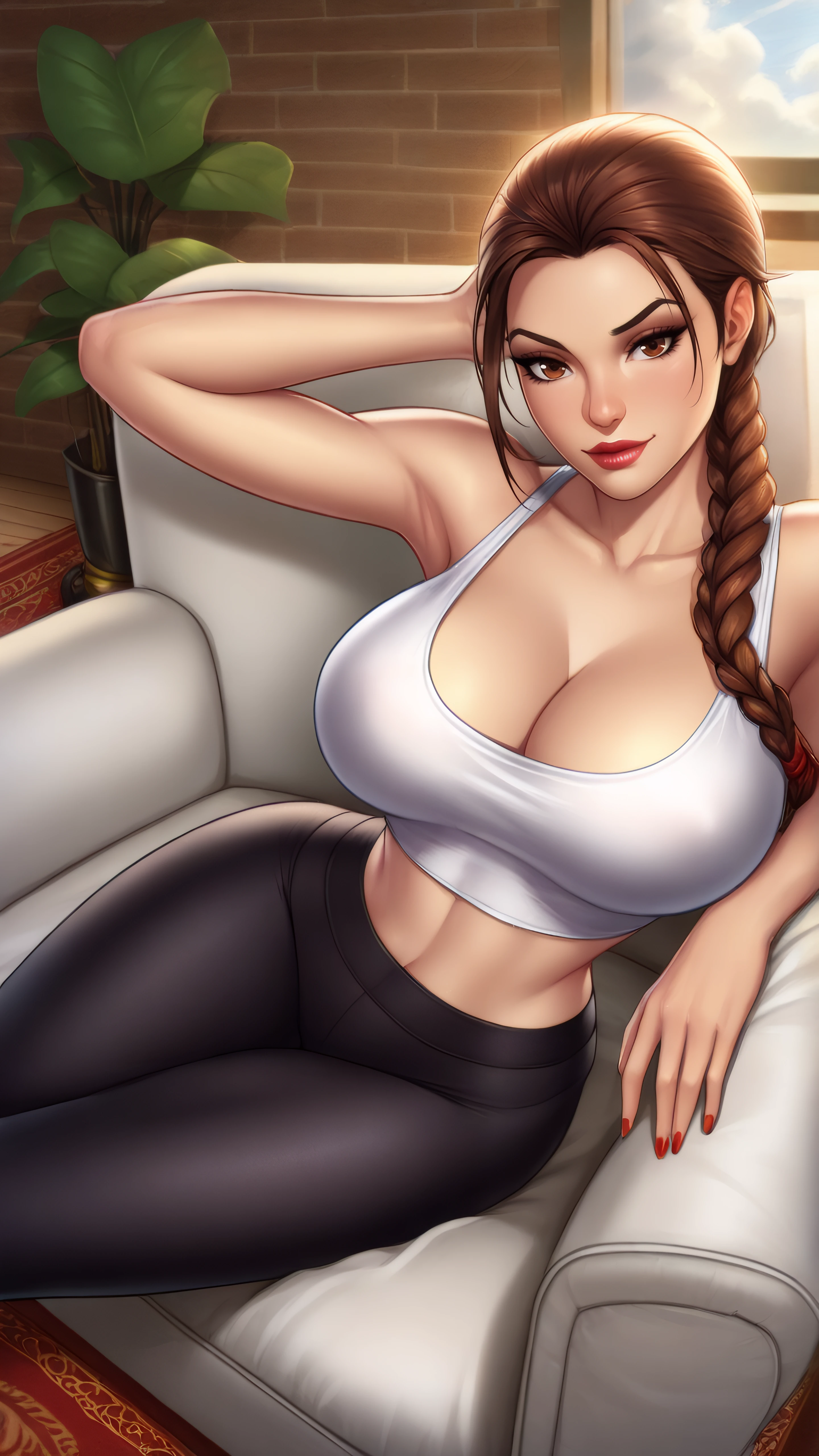 masterpiece, best quality, very aesthetic, absurdres, BREAK, 1girl, looking at viewer,  cowboy shot,
<lora:LaraCroft_ClassicV2_Illu_Dwnsty:0.8>, lara_classic, brown eyes, brown hair, braided ponytail, long braid, red nails, cleavage, lips, makeup, red lipstick, white tank top, yoga pants, black pants, 
large breasts, lips, skindentation, narrow waist, light smile, arms behind head, armpits, 
indoors, living room,carpet, table, cloudy sky, couch, on couch, lying, reclining, arm rest,