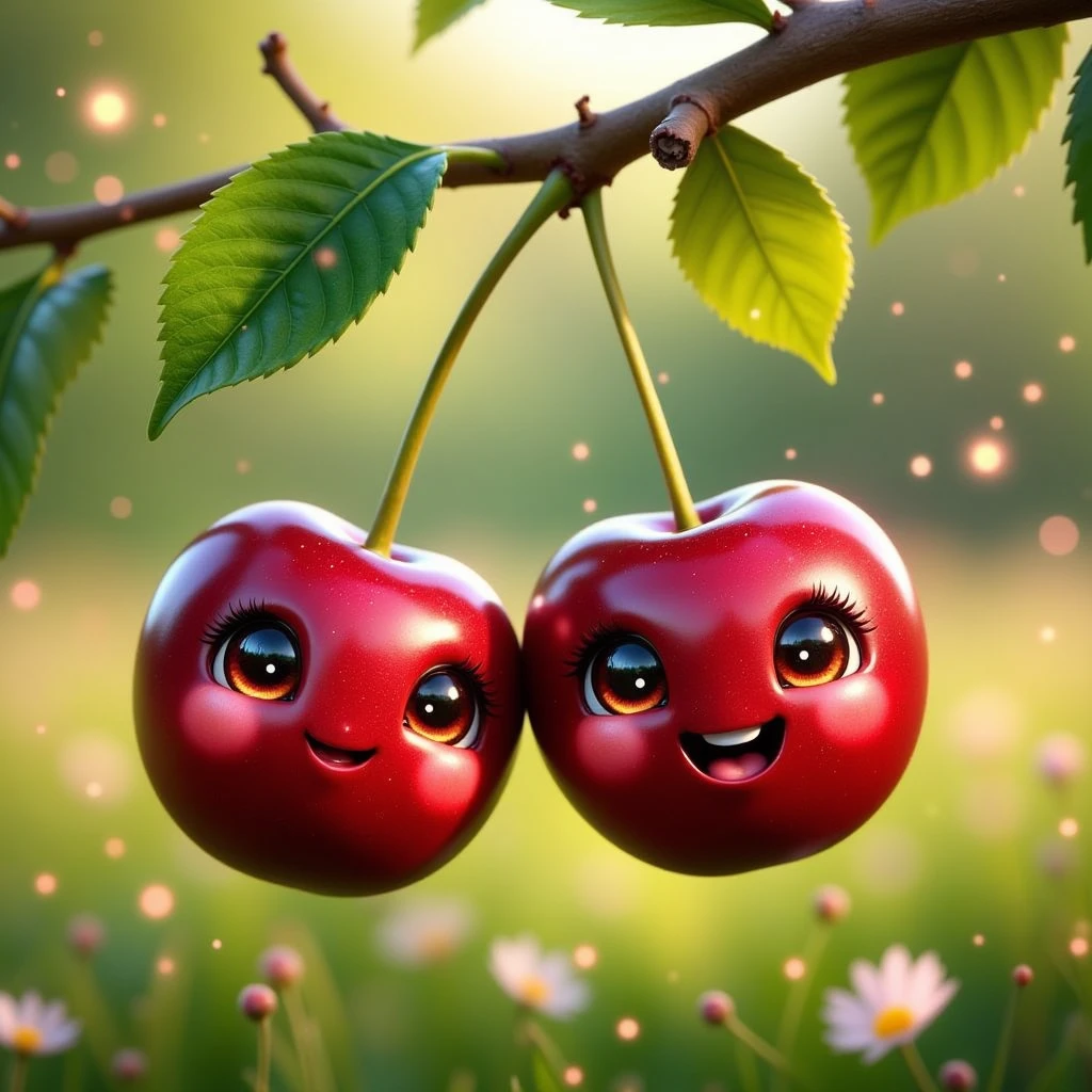 pam-swtvrld two happy cherries hanging on a branch. meadow background with glowing particles in the air.