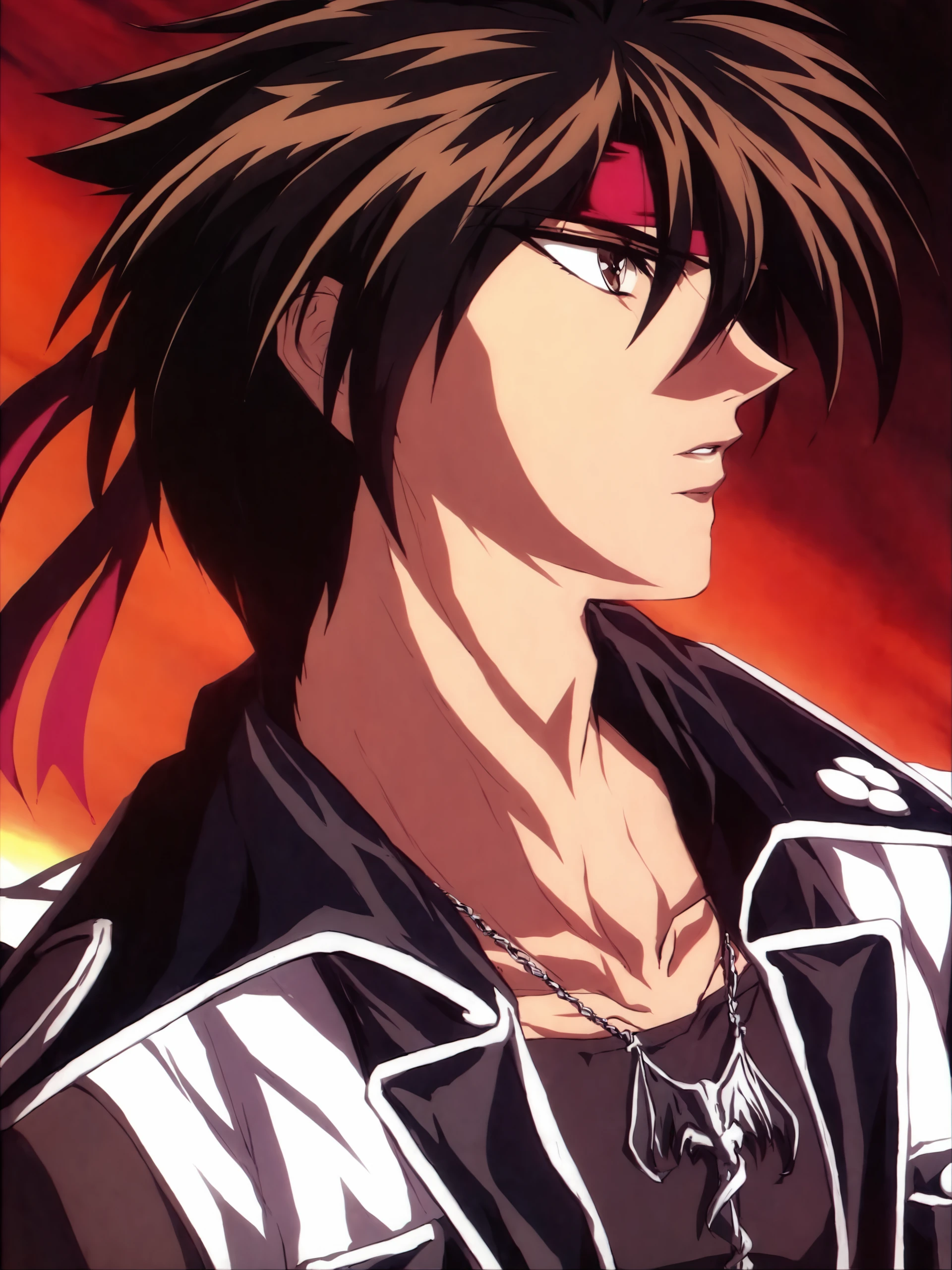 masterpiece, best quality, orphen, majutsushi orphen, solo, short hair, brown hair, black hair, 1boy, hair between eyes, jewelry, brown eyes, jacket, collarbone, upper body, male focus, parted lips, necklace, black shirt, profile, headband, white jacket, portrait, spiked hair, sunset  <lora:Orphen_v1.0-000006:1>