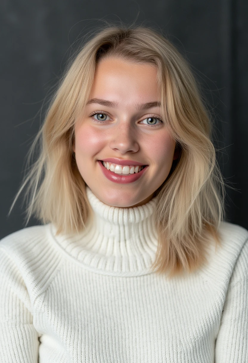 A professional portrait photo of tisifi, a young woman with blonde hair. She is smiling, showing her teeth. She is wearing a white knit turtleneck sweater. The background is blurry and shows a dark gray professional photo studio canvas.