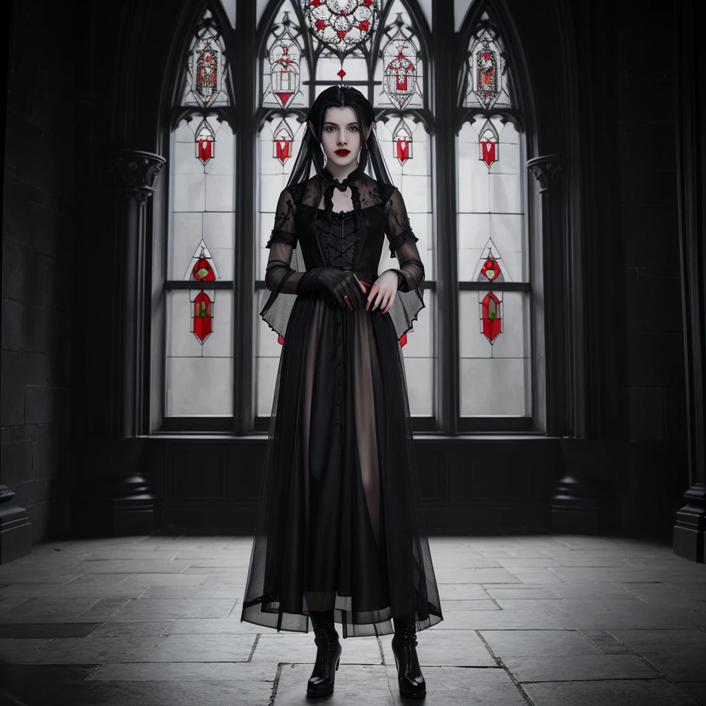 photo realistic, young vampyr, gothic castle, vampyr girl, pale skin, black hair, , bangs, , giant epic castle, stained glass background, transparent black veil, dark red lipstick, slim body
<lora:tendril_bangs_v1.9:1.5>