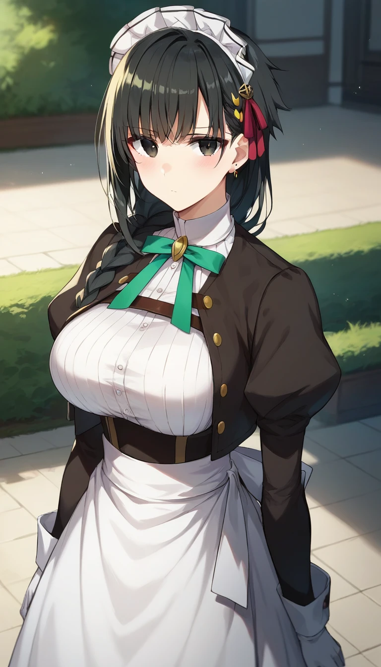 score_9,score_8_up,score_7_up,score_6_up BREAK official art,solo,outdoors,upper body,(portrait:1.5),looking at viewer,facing viewer,frown,blush,expressionless,Yuki,maid headdress,long hair,black hair,hair ornament,hair ribbon,red ribbon,single braid,hair over shoulder,earrings,bangs,black eyes,neck ribbon,green ribbon,green bowtie,black jacket,cropped jacket,turtleneck,white shirt,long sleeves,puffy sleeves,juliet sleeves,white gloves,large breasts,maid apron,white apron,frilled apron,waist apron,lace-up boots,white footwear,<lora:Yuki(yams)-Pony:1.2>,