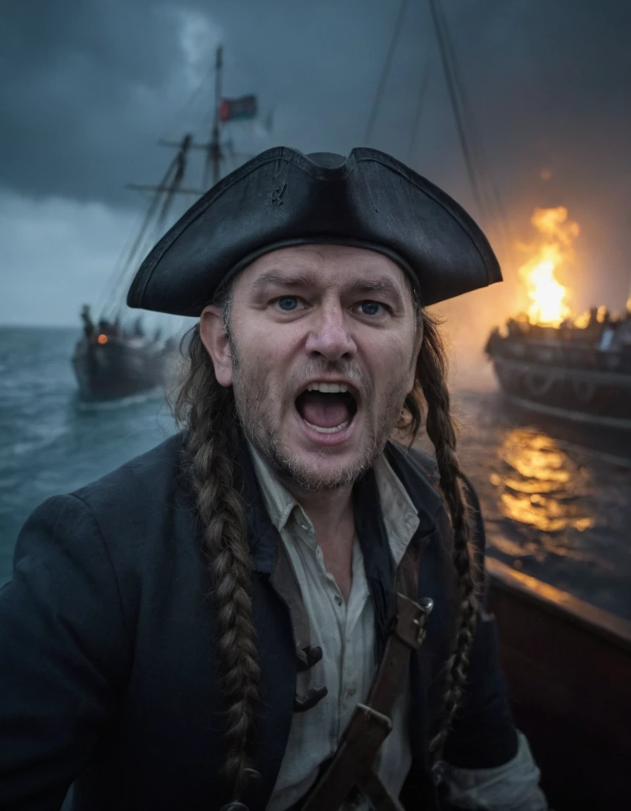 photo of mark webber  <lora:matovic_mark_webber:0.9> man pirate screaming on big pirate boat, angry, long hair, braids, wearing pirate clothes and hat, sea,  dark, storm, foggy weather, cinematic color grading, night, low light, blue color tones,  raining, bad weather, wind, dynamic, pirates men in the background, waves, water, burning boat in the distance, fish eye shot angle