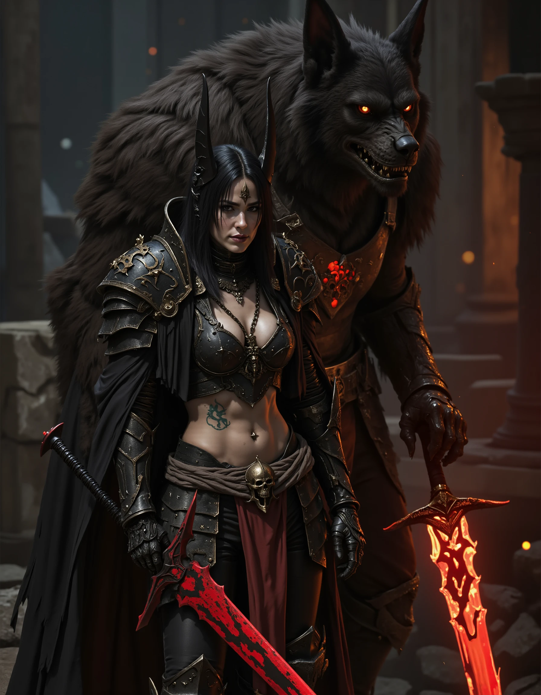 a girl standing in front of huge werewolf, full body armor, holding a glowing sword,
a werewolf seems to be a representation of a knight,
which is positioned vertically, wearing a costume,
posing to viewer, catwalk in front of hot sprint,
hot spring background, tattoo on the breasts, tattoo cleavage, (Lower abdomen tattoo),
wearing a costume,
spot light, dark theme, high key light, rim light, spark holy light reflection,
devil armor
<lora:hinaFluxFantasyArmorMix-dev_v1-rev1:0.6>
<lora:hinaFluxAsianMixLora_v3-rev1:0.9>