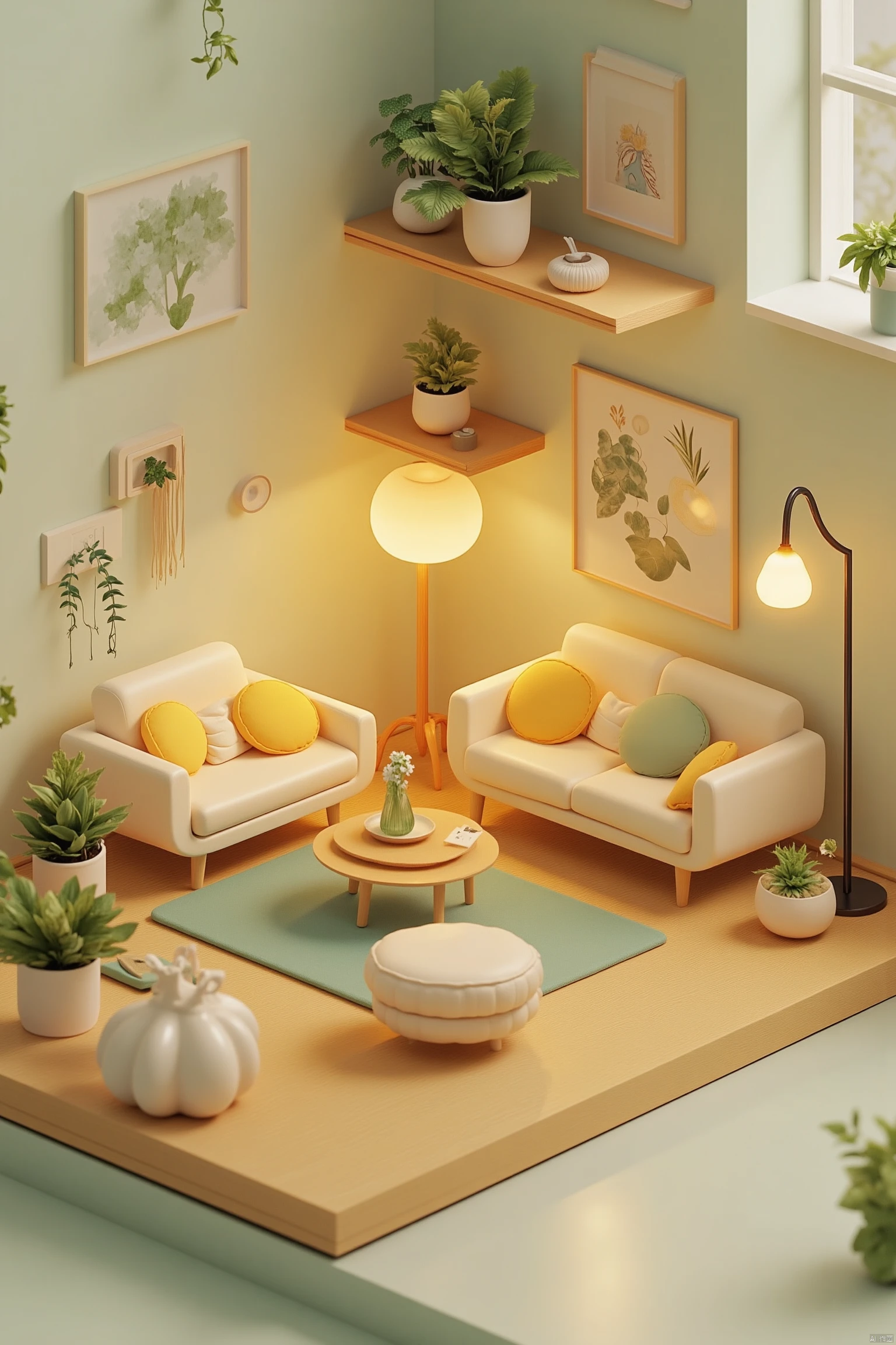 micro landscape
indoors
book
no humans
table
plant
scenery
couch
plate
wooden floor
door
potted plant
lamp