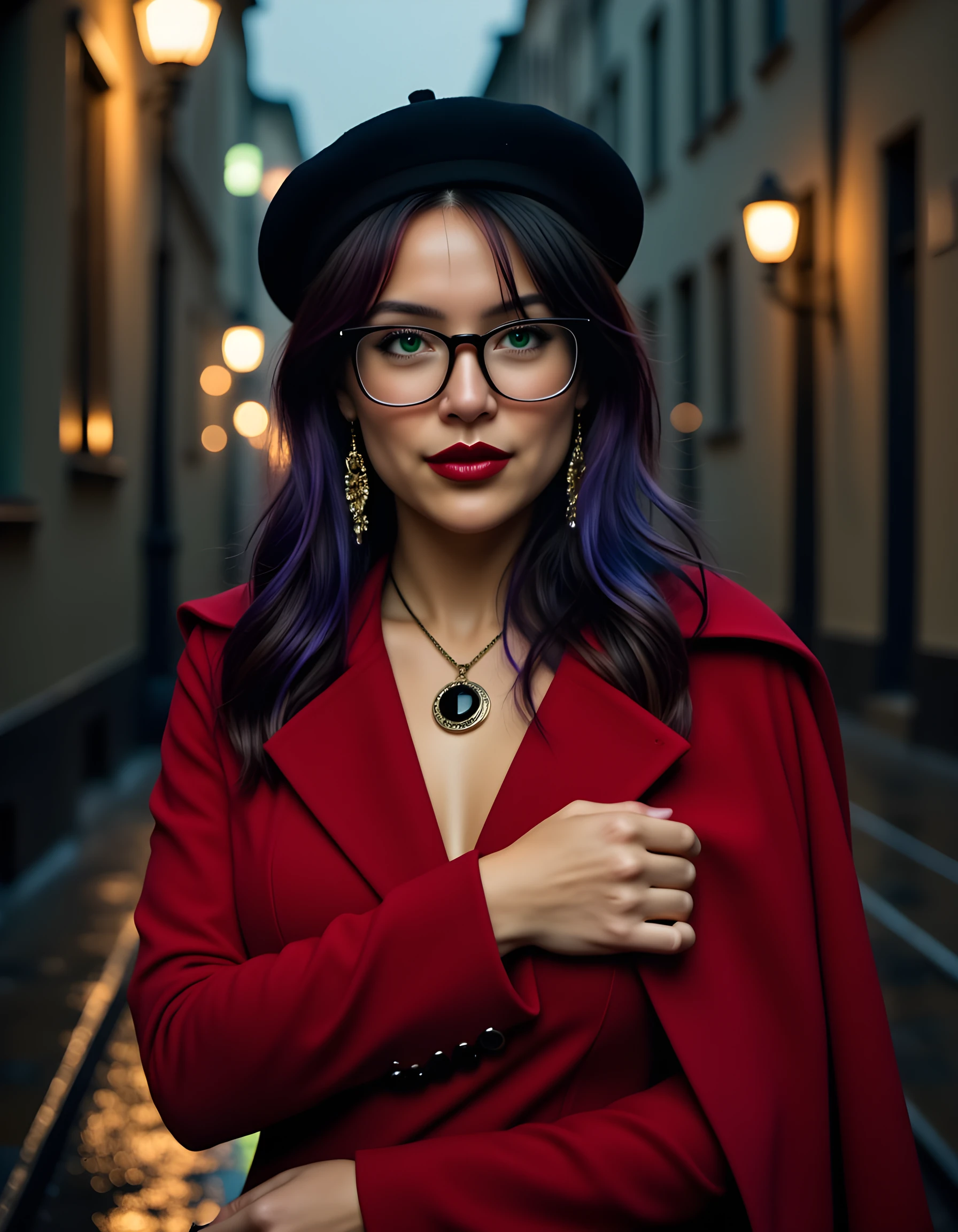 In a moody noir-inspired scene, a striking woman named Allyd is captured in an intimate close-up portrait. Her raven hair cascades around her shoulders, framing a sharp-angled, vintage-style black beret that sits atop her head. She wears thick-rimmed glasses perched precariously on the bridge of her nose, peering directly into the viewer's soul with piercing emerald eyes. Her full, crimson lips are painted in a bold matte shade, and she adorns herself with an intricate silver necklace that rests delicately upon her collarbone. A pair of large, dangling earrings made of black onyx and gold catch the dim light from a solitary streetlamp behind her, casting eerie shadows across her face. The background is dark and blurred, focusing the attention solely on Allyd as she stands in an empty, rain-soaked alleyway, clad in a tailored, knee-length red trench coat that billows around her like a cape, her slender fingers gripping the lapels tightly. The photograph is shot from below, emphasizing her confident posture and capturing a hint of defiance and mystery in her expression.