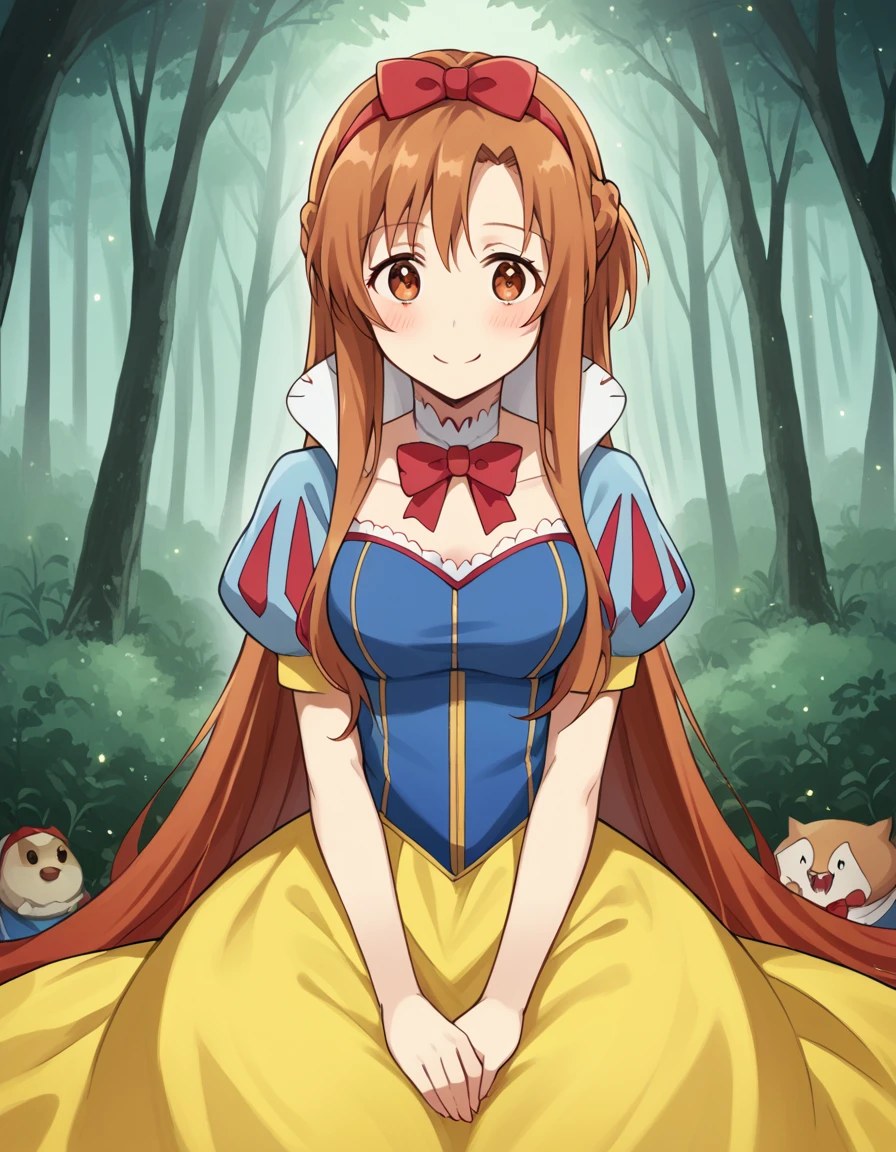 score_9, score_8_up, score_7_up, source_anime, asunayuuki, <lora:asuna-yuuki-s1-ponyxl-lora-nochekaiser:1>, asuna yuuki, long hair, brown hair, brown eyes, medium breasts,, <lora:snow-white-cosplay-ponyxl-lora-nochekaiser:1>, snow white cosplay, snow white (disney) (cosplay), cosplay, dress, hair bow, puff and slash sleeves, puffy short sleeves, puffy sleeves, red bow, short sleeves, skirt, yellow skirt, yellow dress,, forest, sitting, smile, blush, apple,, cowboy shot,