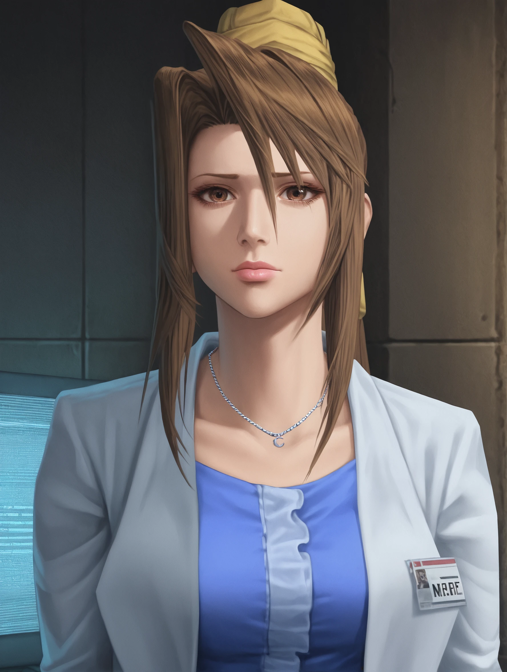 score_9, score_8_up, lucrecia crescent, fair skin, necklace, blue shirt, long hair, brown hair, yellow hair ribbon, ponytail, brown eyes, computer,  labcoat, skirt, pink lips, necklace, jewelry, nametag, <lora:Lucrecia_Crescent_Final_Fantasy:1>, upperbody shot, looking at viewer,