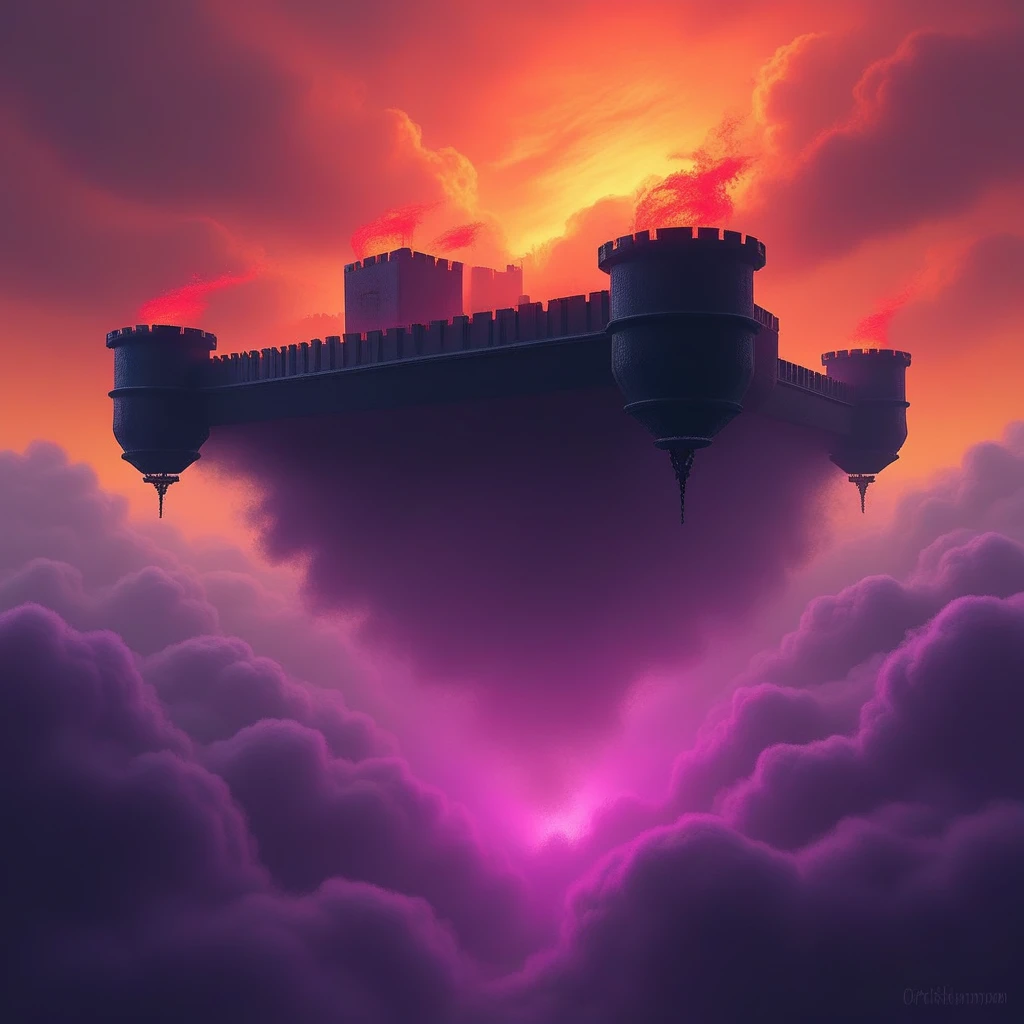 cpolldreamyfortress, cpolldfffitowd, floating fortress in the otherworld, otherworld, floating fortress, outdoor, orange sky, orange lightnings in sky, vivid purple mist, purple lightnings in vivid purple mist