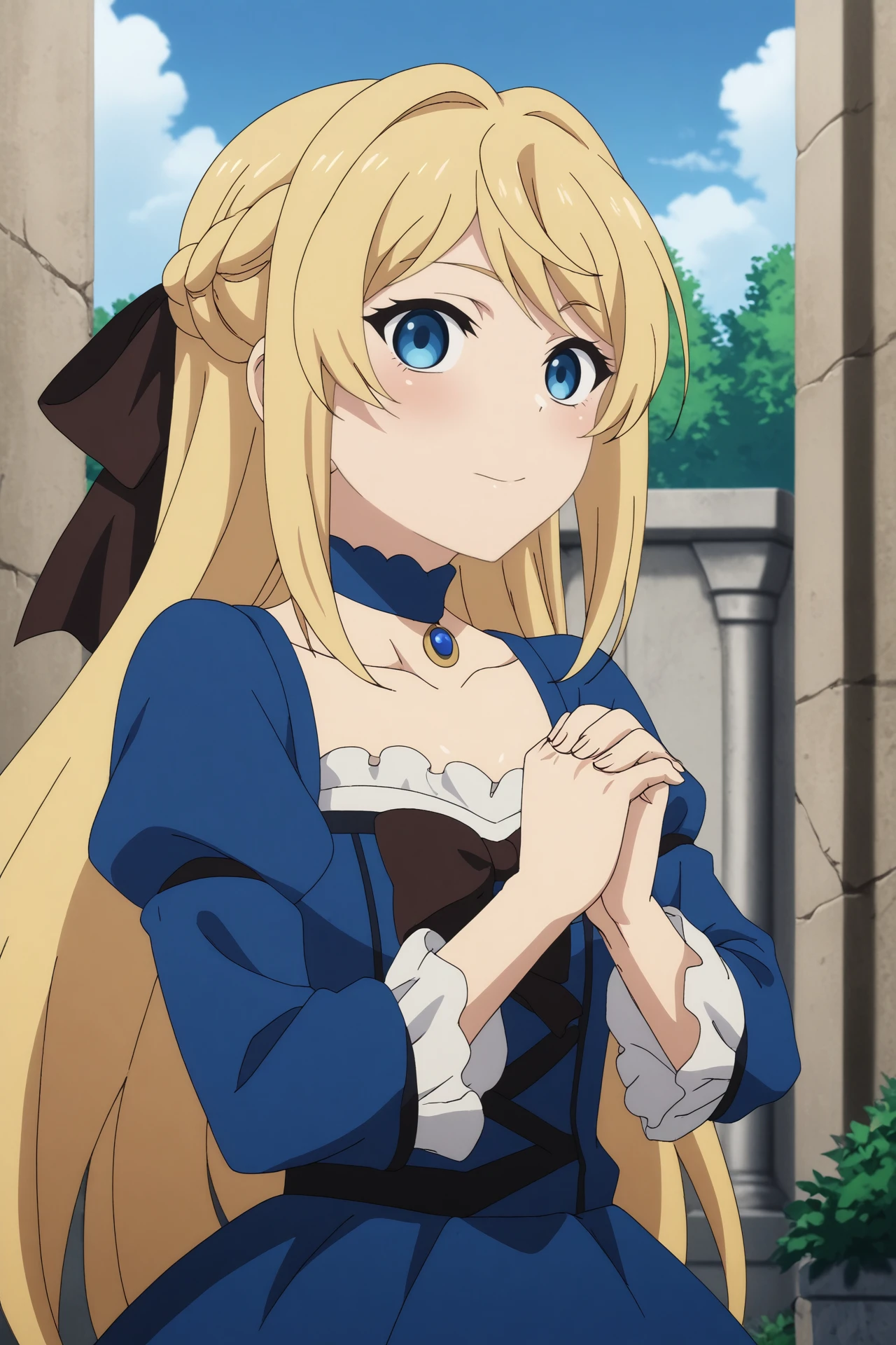 
ariel anemoi,1girl,solo,looking_at_viewer,long hair,dress,chocker,blue dress,braid,long sleeves,bow,french braid,,smile
BREAK
outdoors,blue sky,sunshine,sun,old city,ruins



<lora:Ariel_Anemoi_Asura__Mushoku_Tensei.safetensors:0.8>