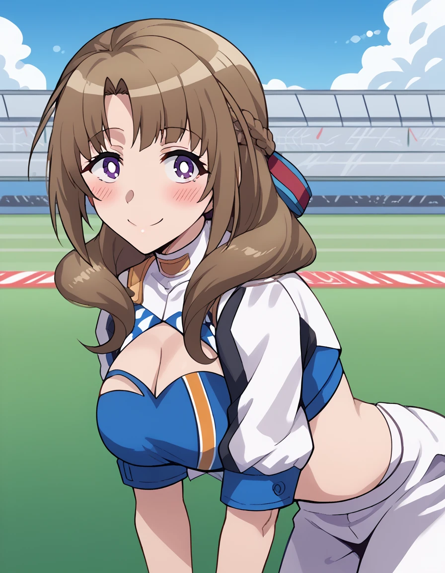 score_9, score_8_up, score_7_up, source_anime, <lora:mamako-oosuki-s1-ponyxl-lora-nochekaiser:1>, mamako oosuki, long hair, brown hair, purple eyes, hair ribbon, braid, bright pupils, french braid, white pupils, large breasts,, <lora:kancolle-gotland-cosplay-ponyxl-lora-nochekaiser:1>, kancolle gotland cosplay, gotland (kancolle) (cosplay), blue bandeau, blue tube top, race queen, bandeau, tube top, cropped jacket, cosplay,, race track, sports car, smile, blush, bent over, leaning forward, from side, cowboy shot, looking at viewer