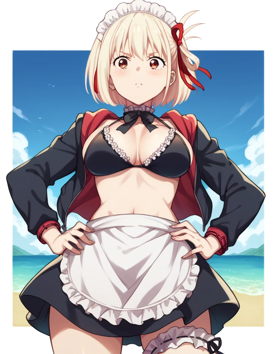 score_9, score_8_up, score_7_up, source_anime, chisatonishikigi, <lora:chisato-nishikigi-s1-ponyxl-lora-nochekaiser:1>, chisato nishikigi, short hair, bangs, blonde hair, red eyes, hair ribbon, one side up, bob cut, large breasts,, <lora:artoria-pendragon-alter-swimsuit-cosplay-ponyxl-lora-nochekaiser:1>, artoria pendragon alter swimsuit cosplay, artoria pendragon (alter swimsuit rider) (fate) (cosplay), maid bikini, unconventional maid, bridal garter, cosplay, waist apron, frilled choker, frilled bikini, maid headdress, maid, black bikini, open hoodie, apron, bikini top only, beach, blush, hands on own hips, from below,, cowboy shot, looking at viewer