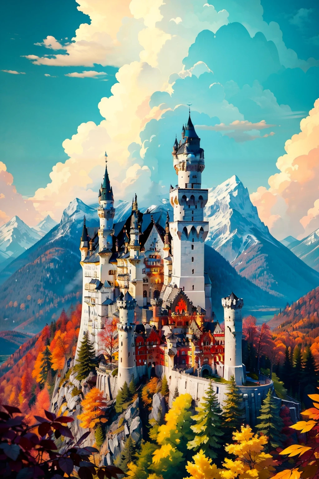 ((masterpiece, best quality)), <lora:Neuschwanstein_Castle:0.8>, high resolution, highly detailed,    Neuschwanstein Castle, day, cloud, tree, blue sky, cloudy sky, forest, mountain