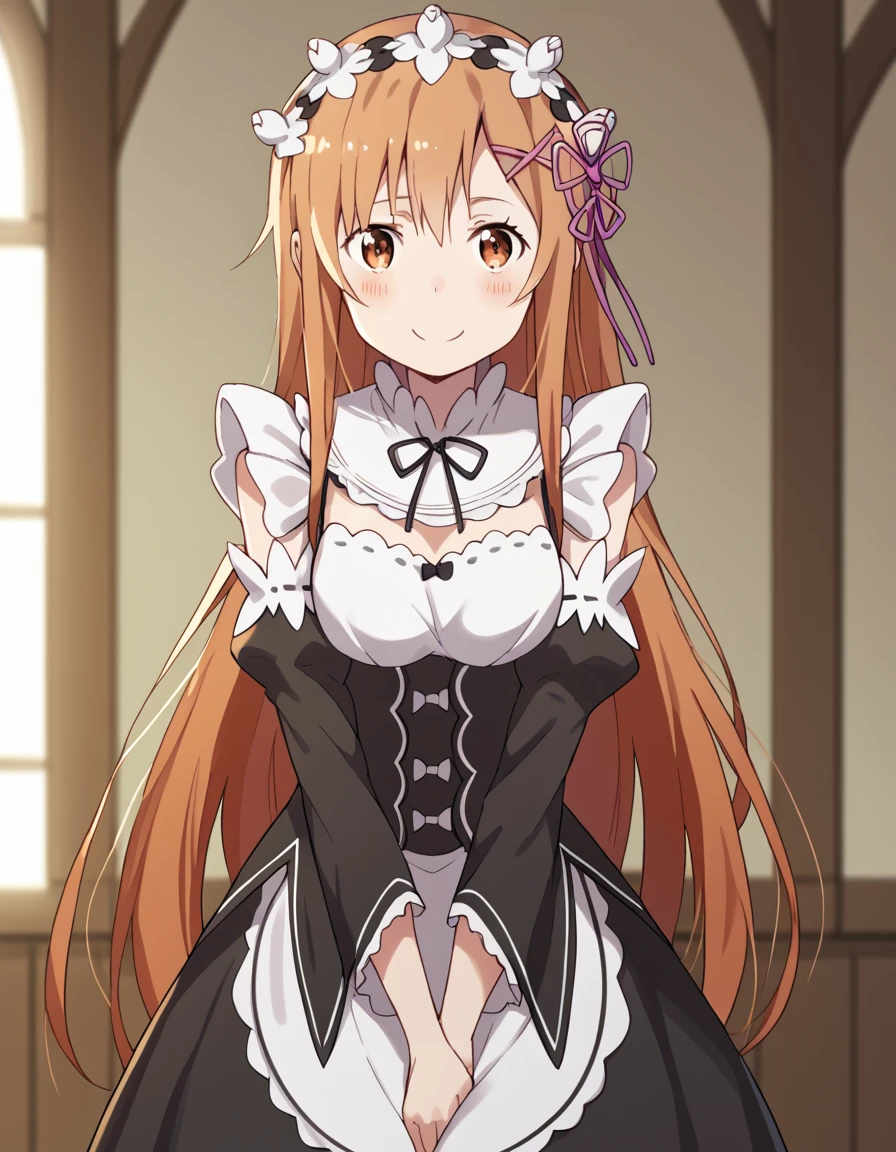 score_9, score_8_up, score_7_up, source_anime, asunayuuki, <lora:asuna-yuuki-s1-ponyxl-lora-nochekaiser:1>, asuna yuuki, long hair, brown hair, brown eyes, medium breasts,, <lora:rezero-ram-cosplay-ponyxl-lora-nochekaiser:1>, rezero rem cosplay, rem (re:zero) (cosplay), roswaal mansion maid uniform, cosplay, maid, enmaided, underbust, detached sleeves,, indoors, smile, blush, v arms, cowboy shot, looking at viewer