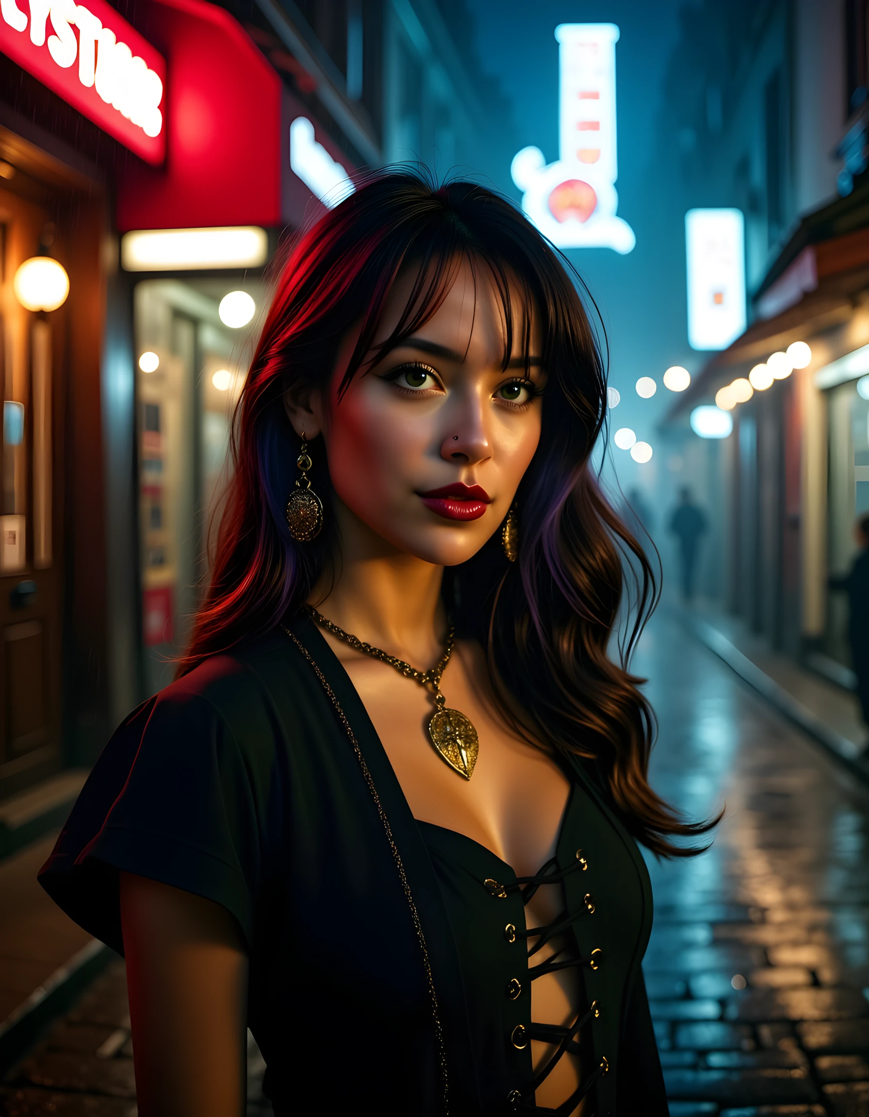 In a gritty, noir-inspired setting of dimly lit, rain-soaked cobblestone streets, the camera angles from below captures Allyd's enigmatic visage, her raven-black hair cascading down her back in soft, glossy waves that shimmer under the streetlight. Her deep-set, emerald green eyes pierce through the foggy atmosphere, as she stands with a sultry, smoldering gaze, her full, crimson lips slightly parted in an invitation of intrigue. A single strand of hair falls across her face, framing her delicate features and accentuating the high cheekbones that define her strong jawline. Her neck adorned by a lavish, antique gold pendant hanging from a thick chain, while elegant earrings dangle delicately from her lobes. The dark, mysterious background blurs into obscurity, leaving only Allyd and the mesmerizing glow of a neon sign casting an ethereal light on her captivating silhouette.