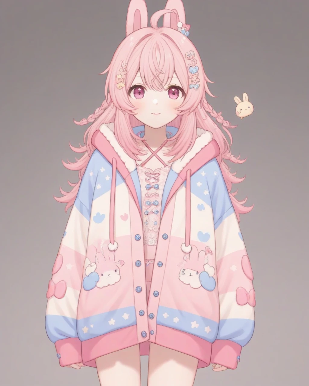 masterpiece, best quality, very aesthetic, absurdres
 pippa, rabbit ears, virtual youtuber, pink hair, pink eyes, ahoge, :3, looking at viewer, oversized hoodie, hair ornament, full body, 
 <lora:PIPPA-XLv2-t4-000003:0.6>