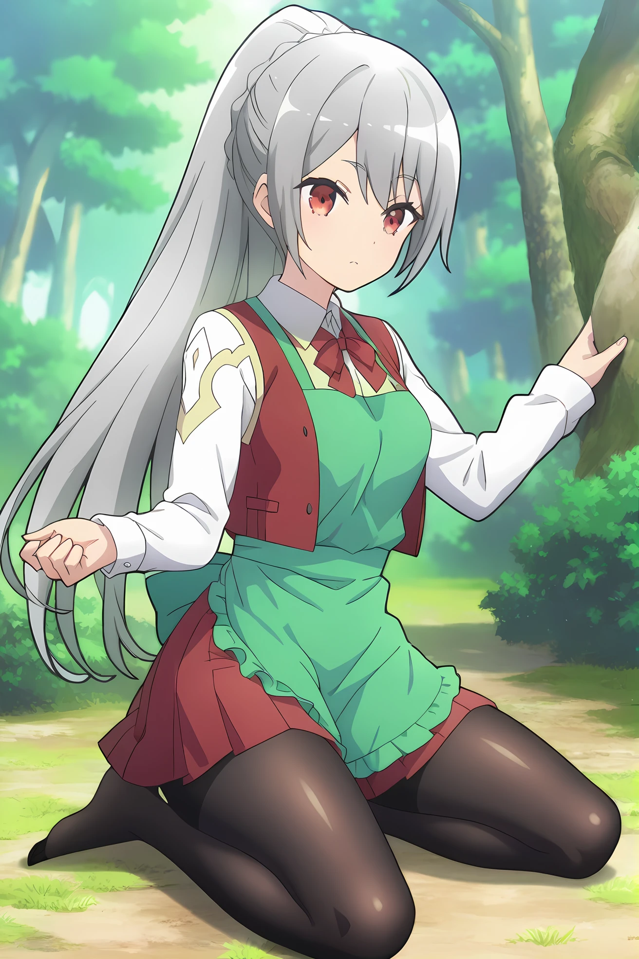 (green apron school uniform red vest white short long sleeves red skirt black pantyhose:1.40), ig-maidena, grey hair, red eyes, 1girl, solo, skinny, score_9, score_8_up, score_8, score_7_up, score_7, score_6_up, score_6, score_5_up, score_5, source_anime, (horny:1.10), 0.2:outdoors forest, (:1.20), (multiple views:1.20), feet, <lora:ig-maidena-V01-000004:1.00> medium breasts, ponytail