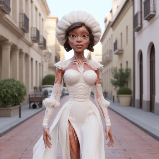 3d animation still. detailed cgi render of an ecorche woman wearing a white dress and a bonnet and walking down a city street